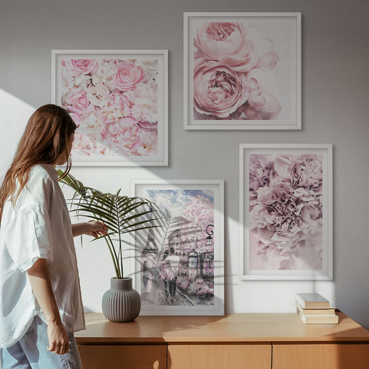 WANDBILDER 4er-Set - 50x50 cm & 40x60 cm Weißer Rahmen - Rosa Blumen, romantische Landschaft - Weiß, Kunststoff (50/50cm) - ArtPrintCave