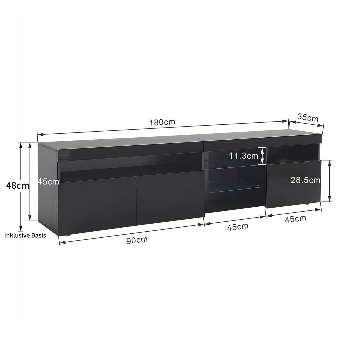 LOWBOARD in Schwarz mit LED-Beleuchtung und Stauraum für Wohn- und Esszimmer, B180/T35/H48cm - Schwarz, Glas/Holzwerkstoff (180/45/35cm) - STILVORA