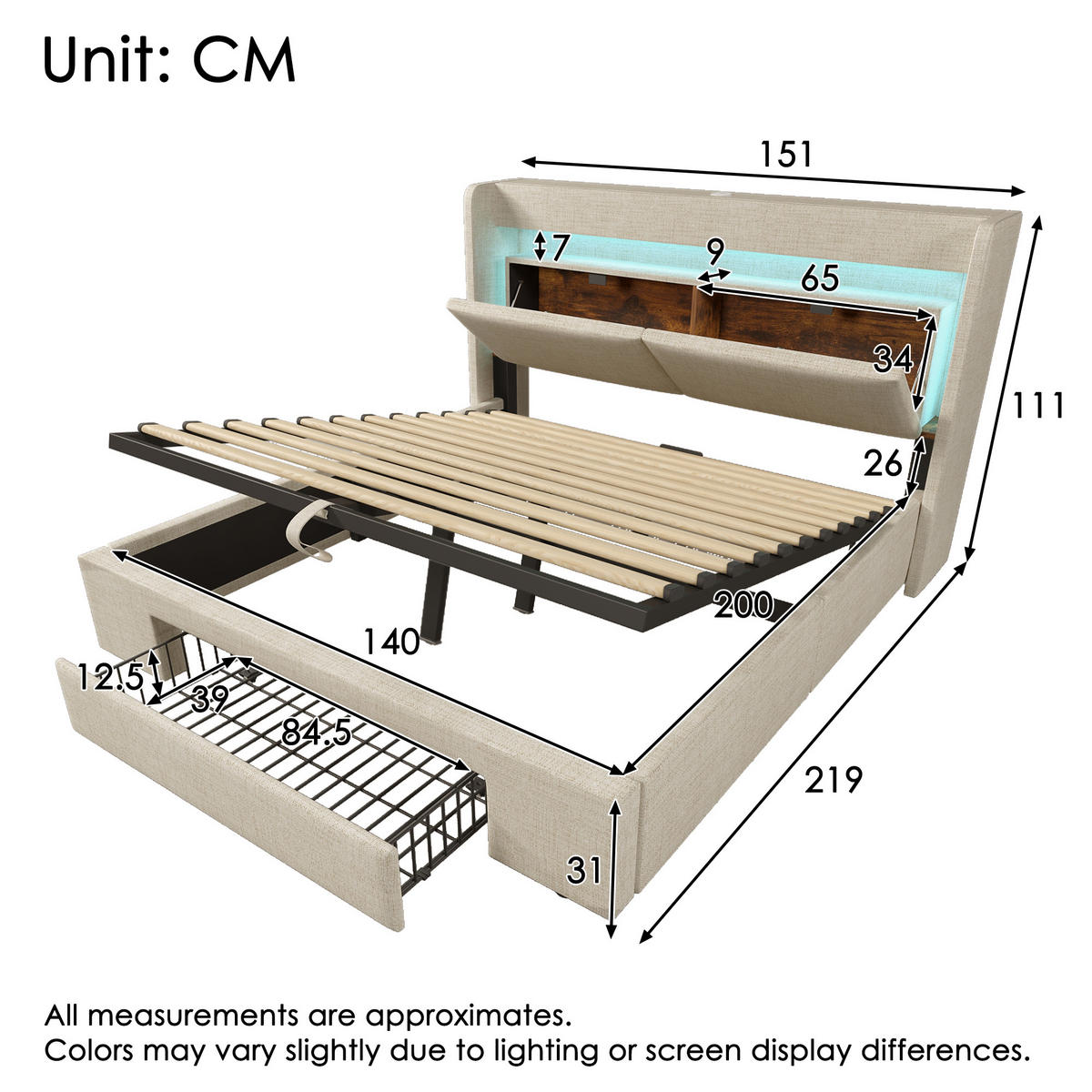POLSTERBETT 140/200 cm mit LED, USB- und USB-C-Anschluss, hydraulischem Stauraum und Matratze, Beige - Beige, Textil (140/200cm) - Redom