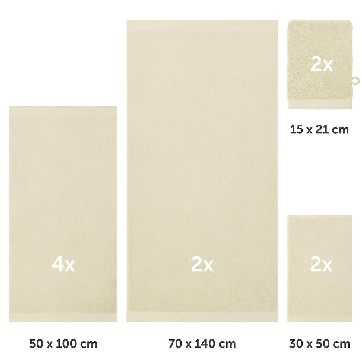 HANDTUCH 8-teilig, 2x Badetuch 70/140 + 4x Handtuch 50/100 + 2x Gästetuch 30/30 + 2x Waschlappen 15/20 cm, Sandfarben - Sandfarben, Textil (70/140cm) - Blumtal