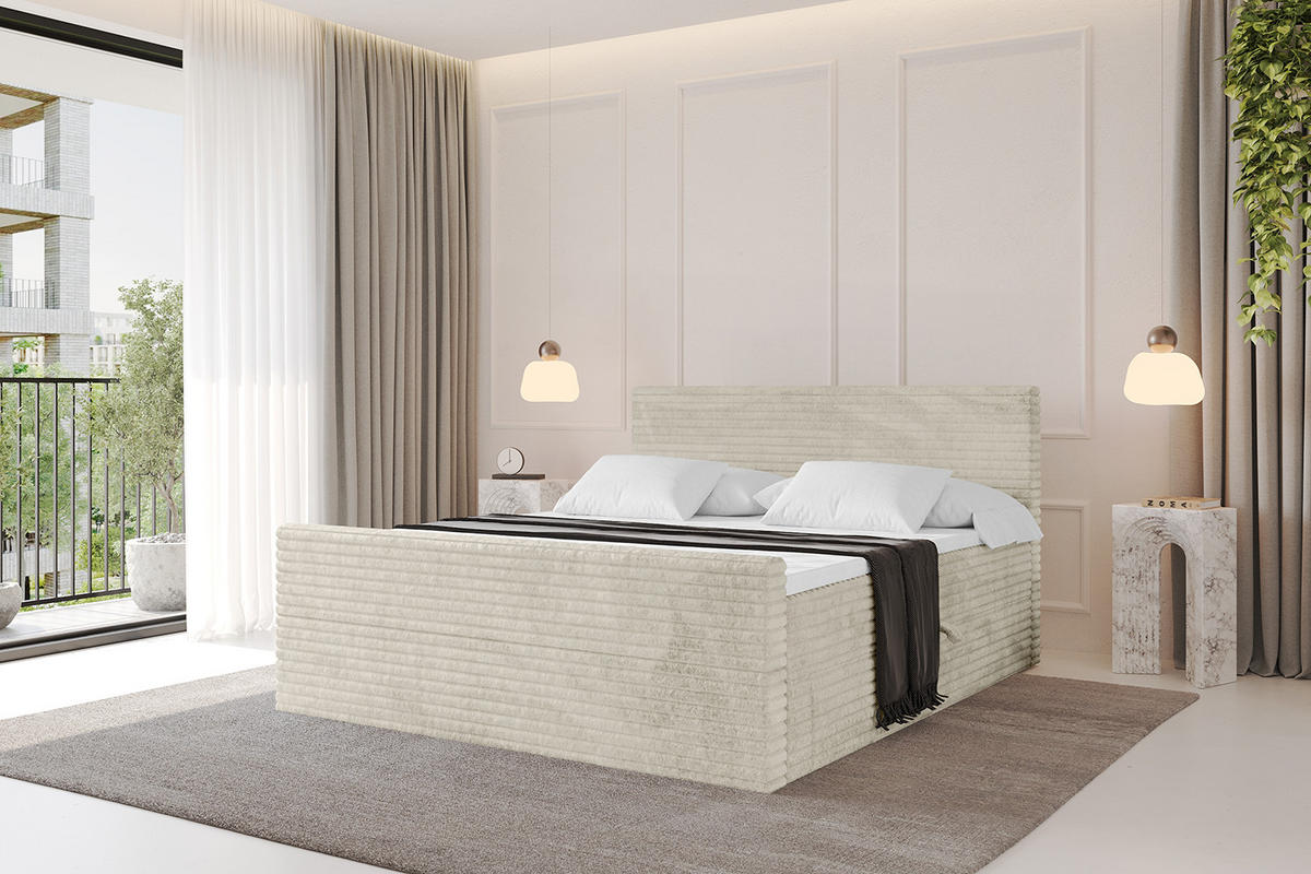 BOXBETT mit Matratze H3 und Lattenrost - TOLO-Z-v1 - 160x200 Cord - Creme - Champagner, Holzwerkstoff (160/200cm)