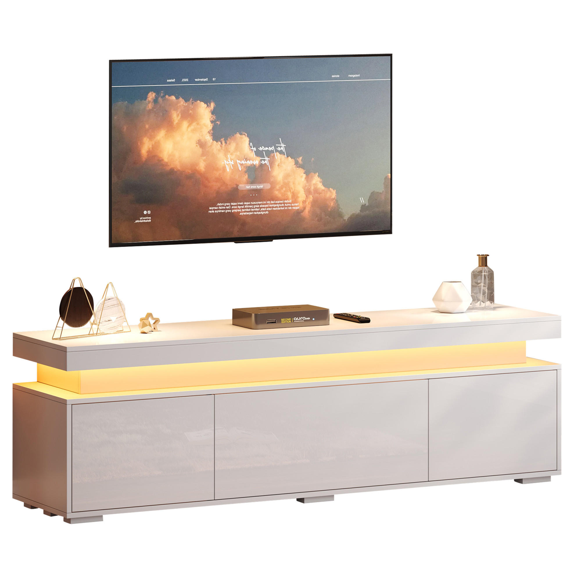 TV stolek 150/35/43 cm se 3 dvířky, 4 přihrádkami, LED osvětlením a vysokým leskem, bílá dřevotříska - bílá, kompozitní dřevo (150/43/35cm) - Redom