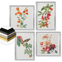 WANDBILDER 4er Set - 50x50 cm & 40x60 cm Silberner Rahmen - Gemalte Blumen, Retro-Vogel - Silberfarben, Kunststoff (50/50cm) - ArtPrintCave