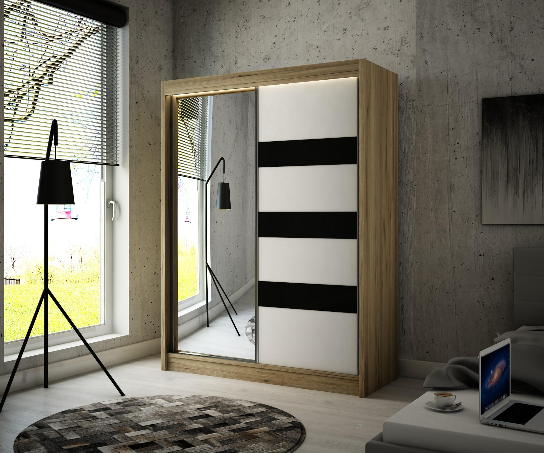 KLEIDERSCHRANK mit LED, Spiegel und Schiebetüre LOSTE - 120 cm Sonoma|Schwarz - Schwarz/Sonoma Eiche, Holzwerkstoff (120/215/61cm) - ALTDECOR