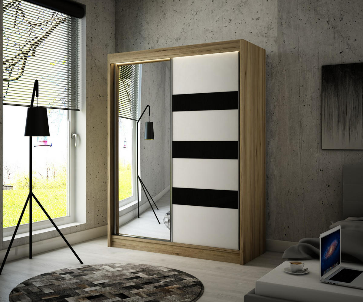 KLEIDERSCHRANK mit Spiegel und Schiebetüren LOSTE - 150 cm Sonoma|Schwarz - Schwarz/Sonoma Eiche, Holzwerkstoff (150/215/61cm) - ALTDECOR