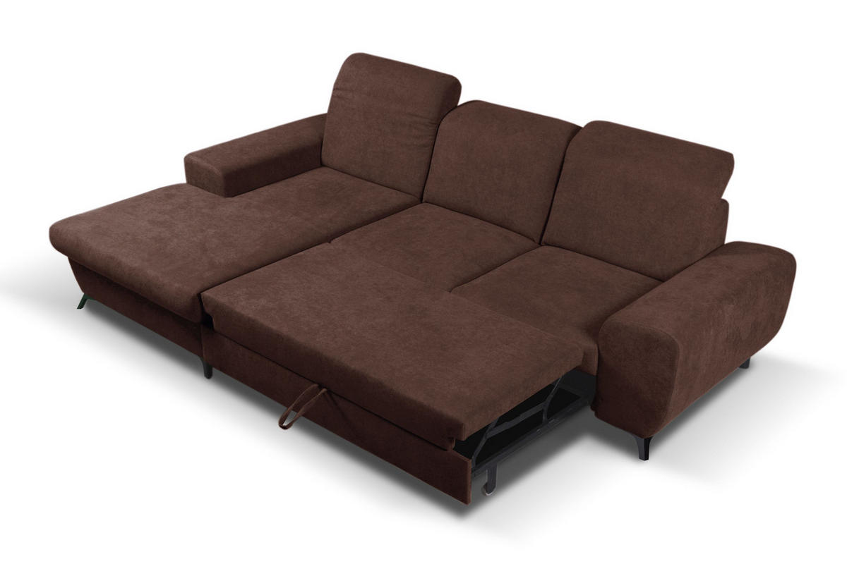 ECKSOFA LUCE L-S Braun Plüsch-Stoff mit Schlaffunktion - Braun, Holz (279/172cm) - MASSENO