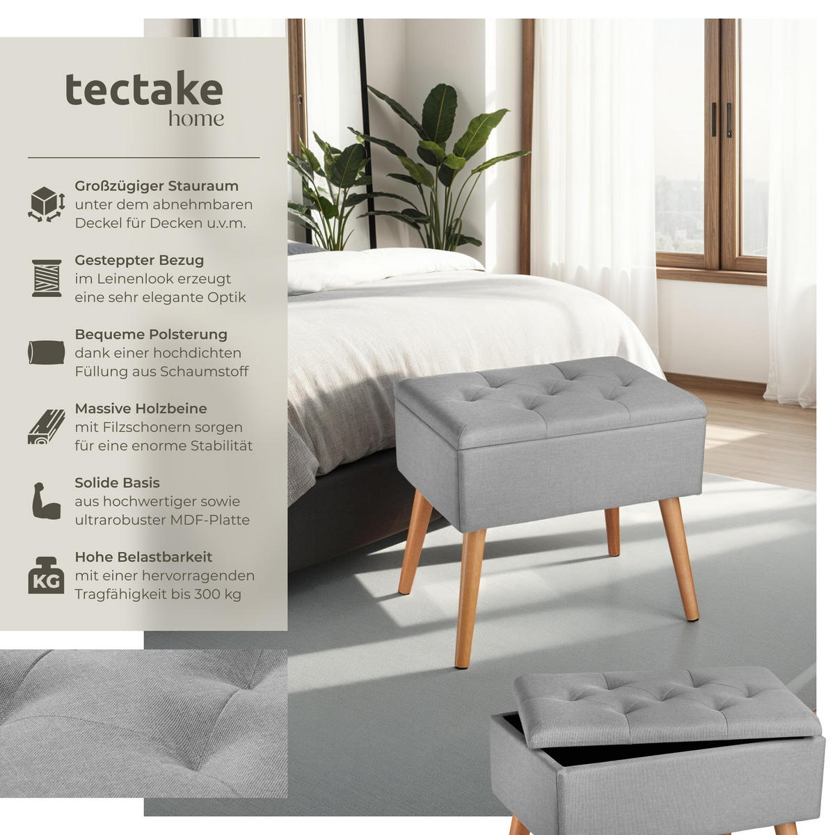 SITZBANK Ranya,51 x 37,5 x 45,5 cm,hellgrau - Hellgrau, Holz (37.5/45.5/51cm) - tectake