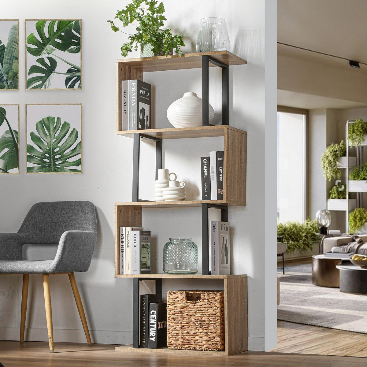 BÜCHERREGAL mit 4 Ebenen, Holzdekor und Metallständern - H148cm - Apfelbaumfarben, Holzwerkstoff (30/147.5/60cm) - Calicosy