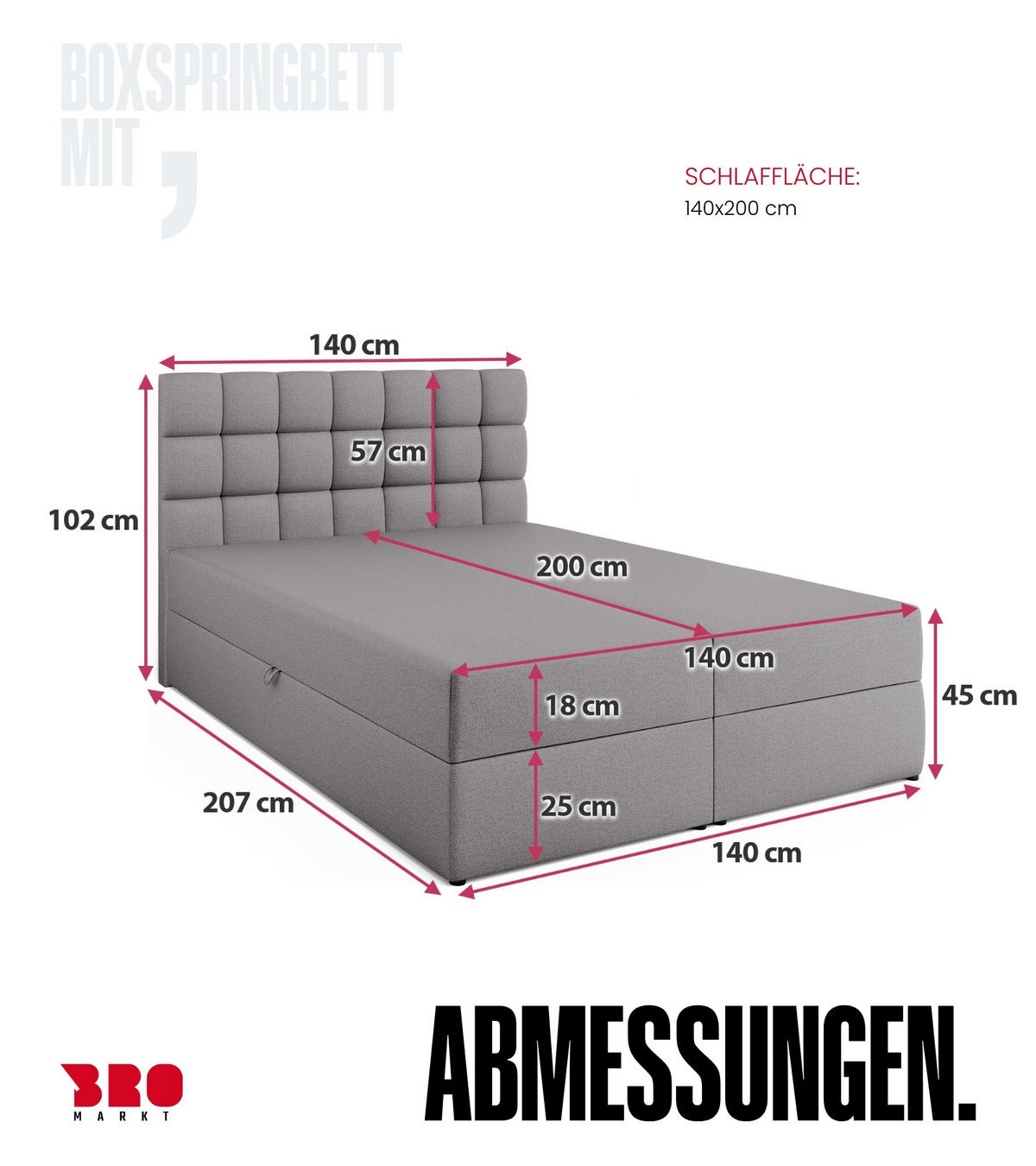 BOXBETT Dakota mit Topper 140/200 Grau - Grau, Textil (140/200cm) - Bromarkt