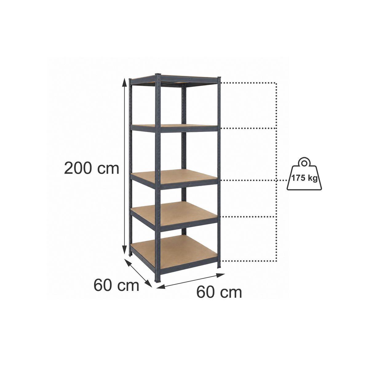ETAGERĂ Antracit pentru sarcini grele metal 5 polițe 60x60x200 cm - antracit, material plastic/compozit lemnos (60/200/60cm) - Relaxdays