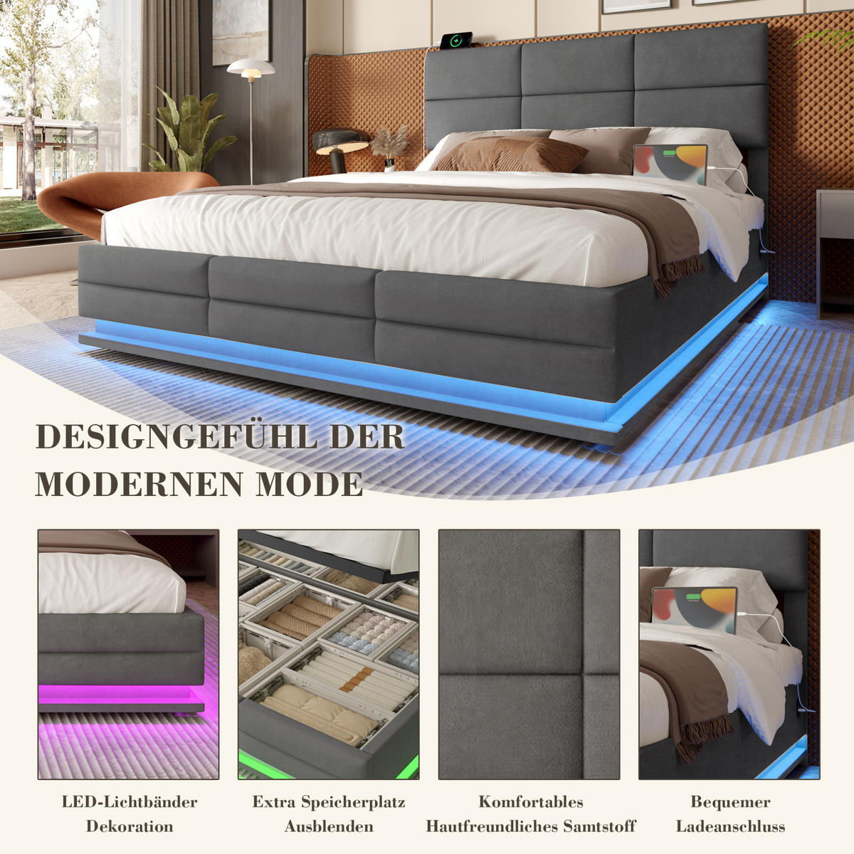 POLSTERBETT 140/200 cm mit LED-Beleuchtung, USB-Anschlüssen, hydraulischem Stauraum und verstellbarem Kopfteil, Dunkelgrau - Dunkelgrau, Textil (140/200cm) - Redom