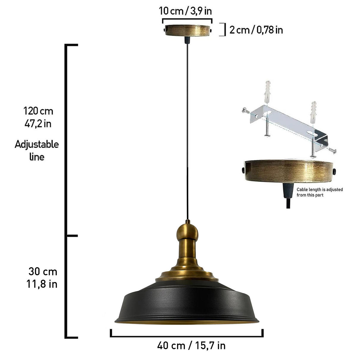 KÜCHENLAMPE Asletl Long-Knob 40/30 cm - Schwarz, Metall (30/40/30cm) - Bamyum