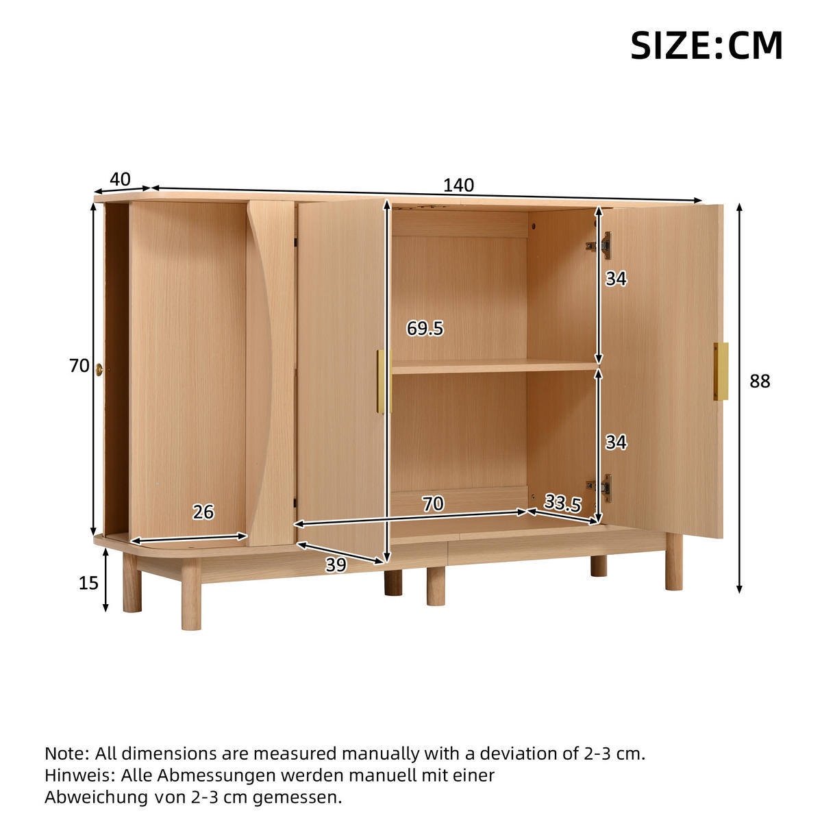SIDEBOARD 140cm mit geschwungenen Kanten & 2 Türen - Naturfarben, Holzwerkstoff (140/88/40cm) - Urban Meuble