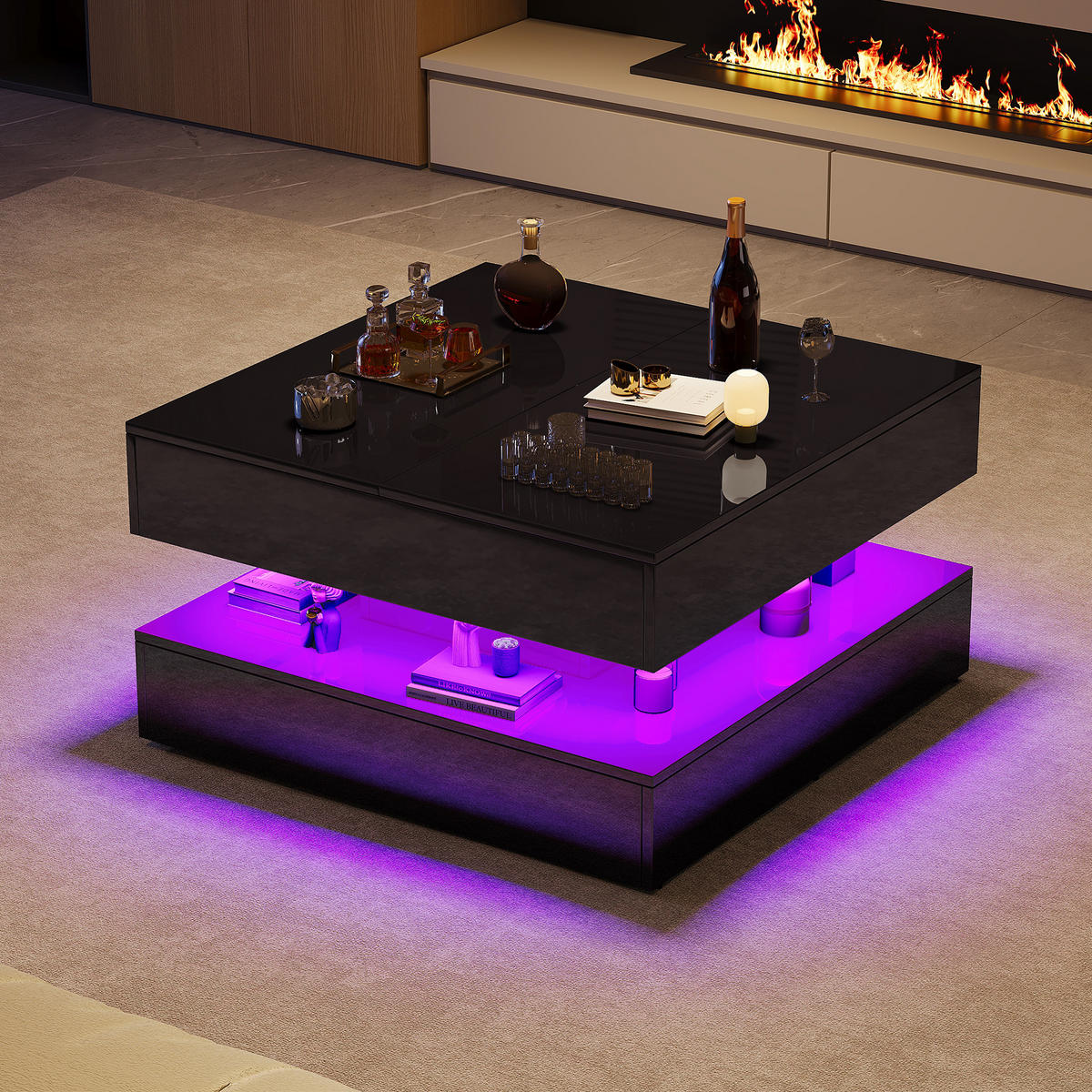 LED-COUCHTISCH Hochglanz Schwarz mit Stauraum & RGB-Beleuchtung - Schwarz, Holz (78/78/43cm) - SHOPENTRA