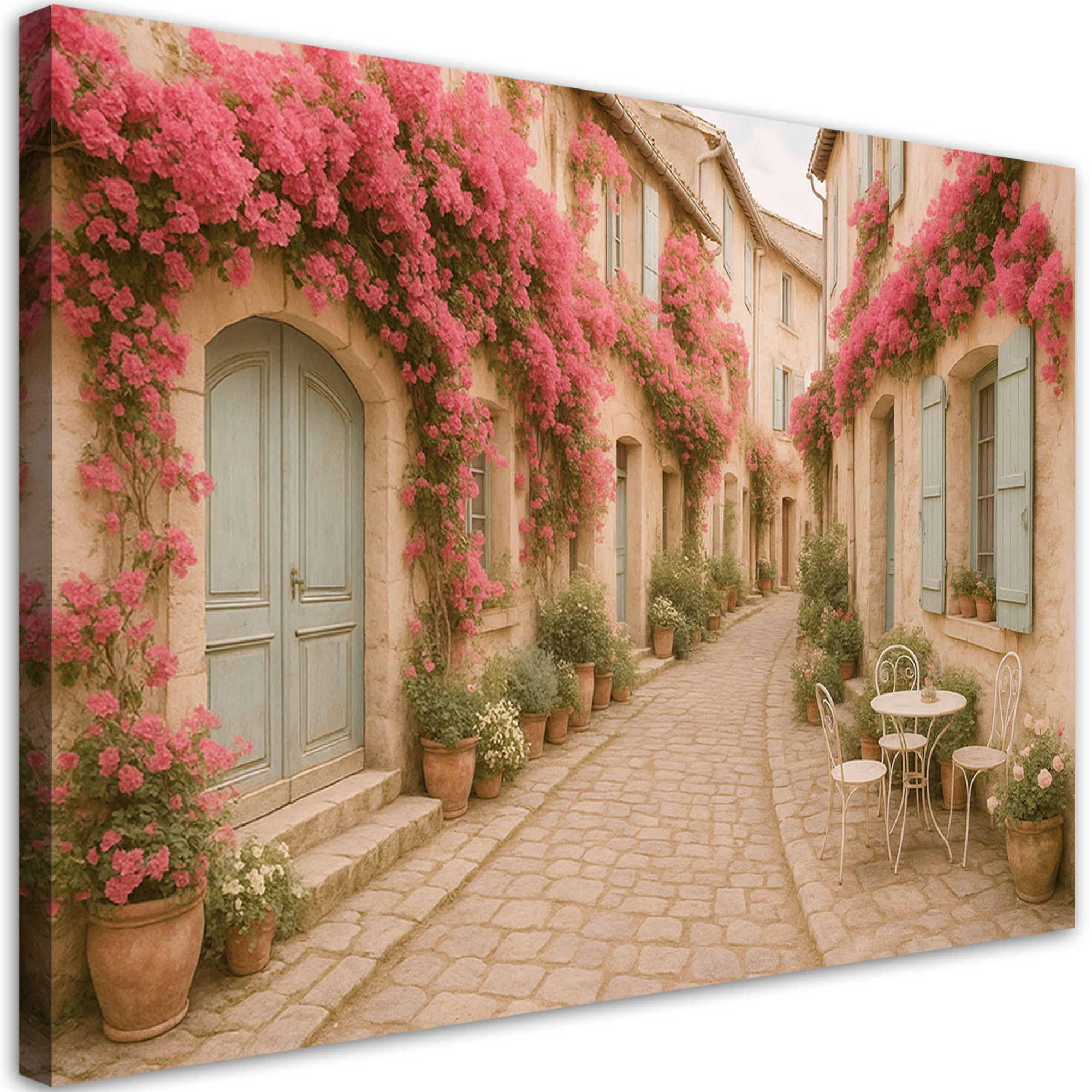 LEINWANDBILD Italienische Straße mit Blumen Shabby Chic 120x80cm - Beige, Textil (120/80cm) - Feeby