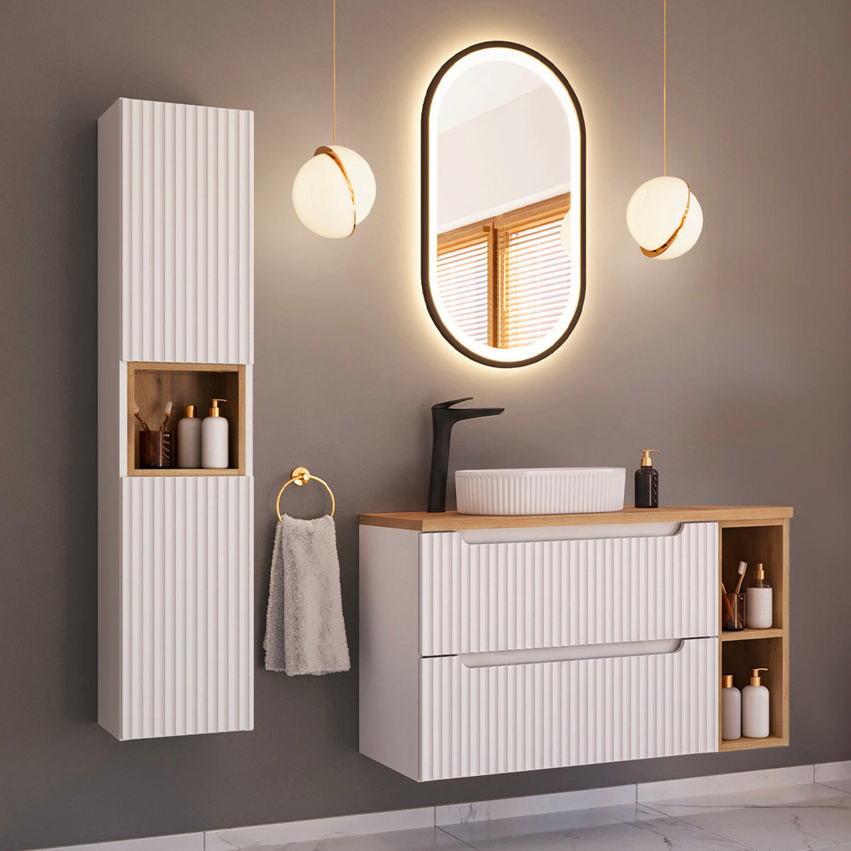 BADMÖBEL 100.4cm Riva 2er-Set Weiß und Holz - Weiß, Holzwerkstoff (100.4/59/40cm) - Petits-meubles