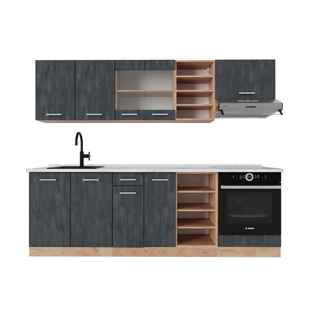 KÜCHENZEILE R-Line Schwarz Beton/Goldkraft Eiche 240 cm AP Marmor - Eiche Wotan/Schwarz, Holzwerkstoff (240/81.6/60cm) - Vicco