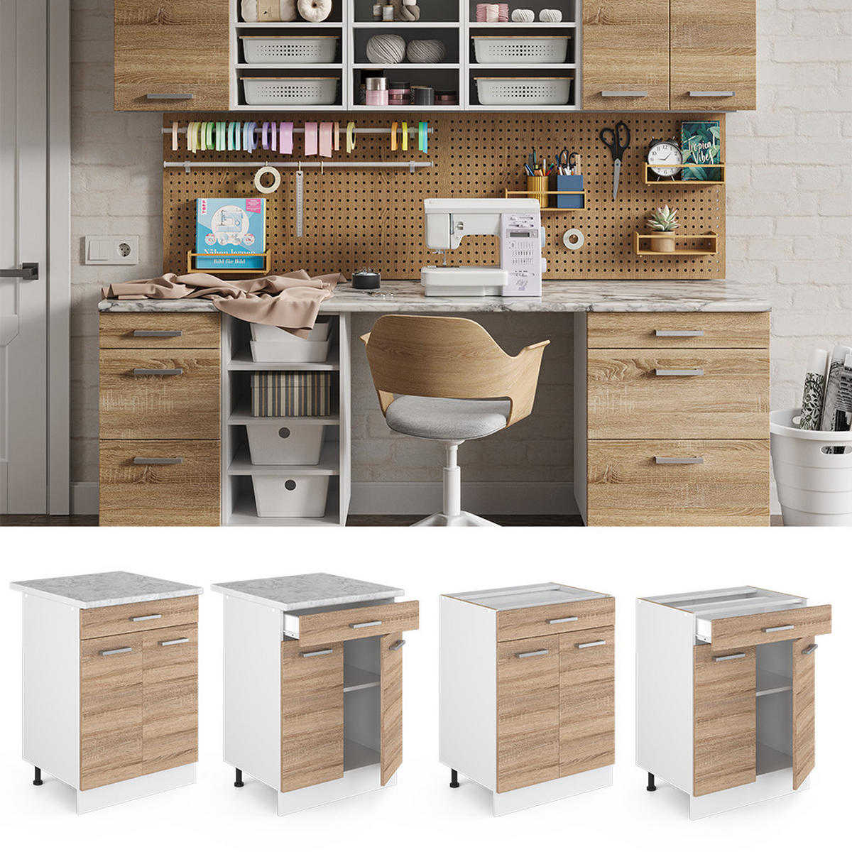 UNTERSCHRANK R-Line Sonoma 60 cm mit Schubladen, ohne AP - Weiß/Sonoma Eiche, Holzwerkstoff (60/81.6/46cm) - Vicco