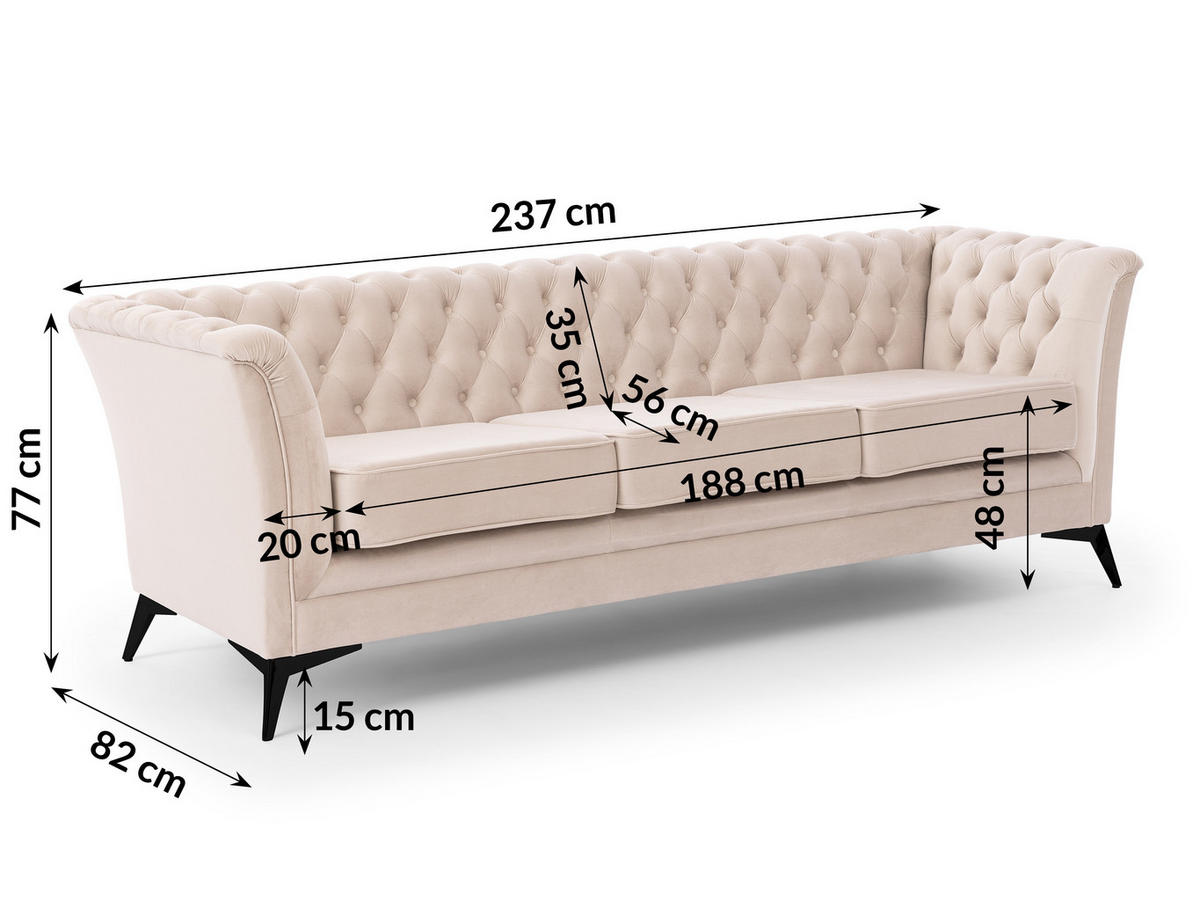 SITZGARNITUR 3+1 Chesterfield Whitby Beige Samt mit schwarzen Füßen - Beige/Schwarz, Holz/Textil (237/78/82cm) - S-Style Möbel