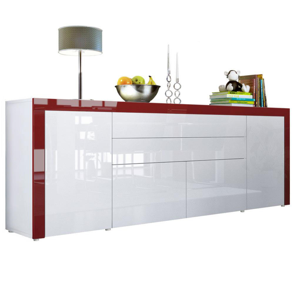 Vladon Sideboard Weiß Hochglanz, Bordeaux 200x72x35 cm