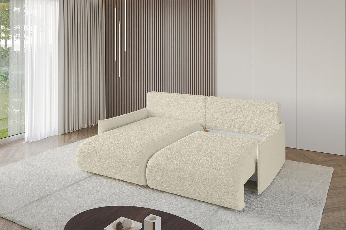 ECKSOFA mit Schlaffunktion und Bettkasten ONESK-L -v1 208x165x40 Beige Bouclé - Beige, Holzwerkstoff/Kunststoff (208/165cm) - ALTDECOR