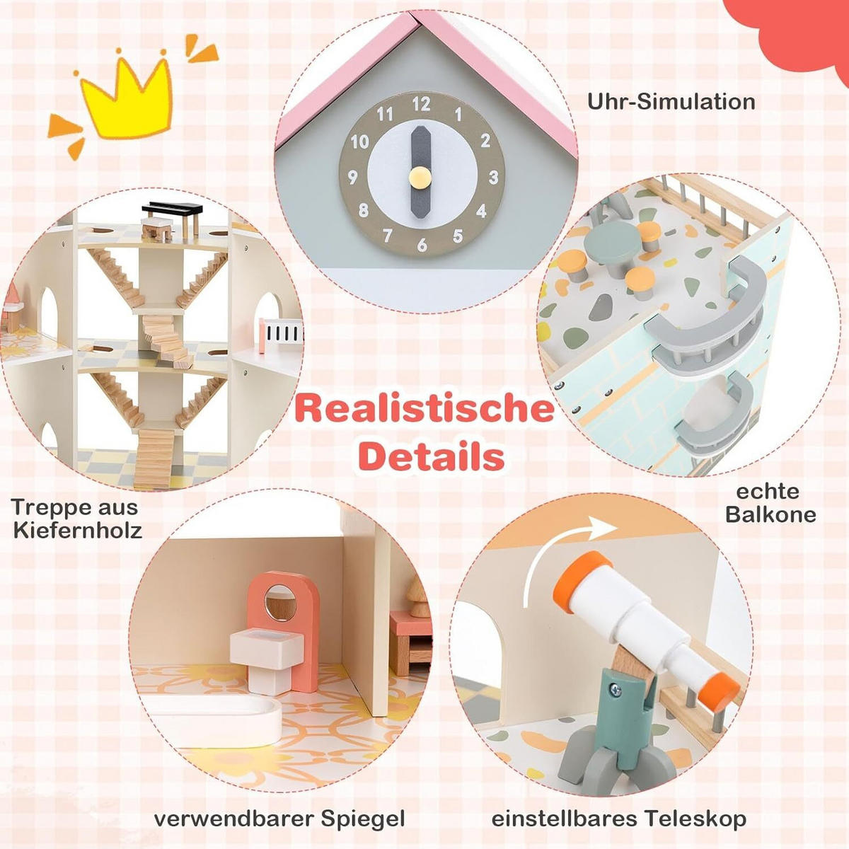 PUPPENHAUS 94cm Rosa - Pink, Holz (32/94/87cm) - COSTWAY