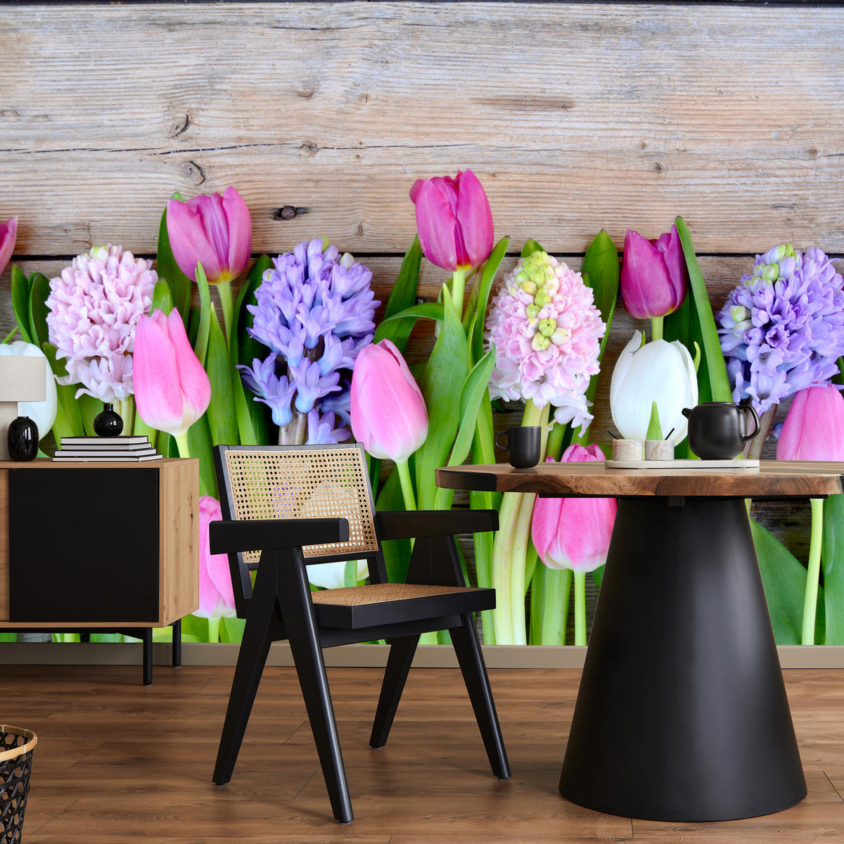 FOTOTAPETE für Küche Rosa Tulpen Violette Hyazinthen Holztisch 250x175 - Ecru/Violett, Papier (250/175cm) - Muralo