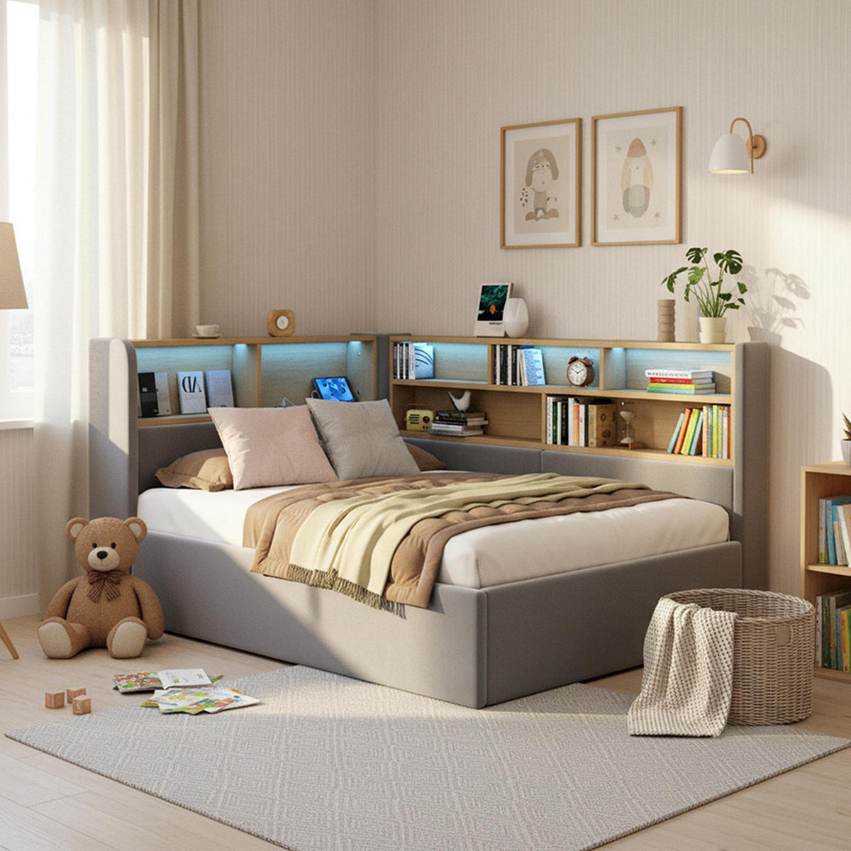 POLSTERBETT 90×200cm mit LED in Grau - Grau, Textil (90/200cm) - KOMHTOM