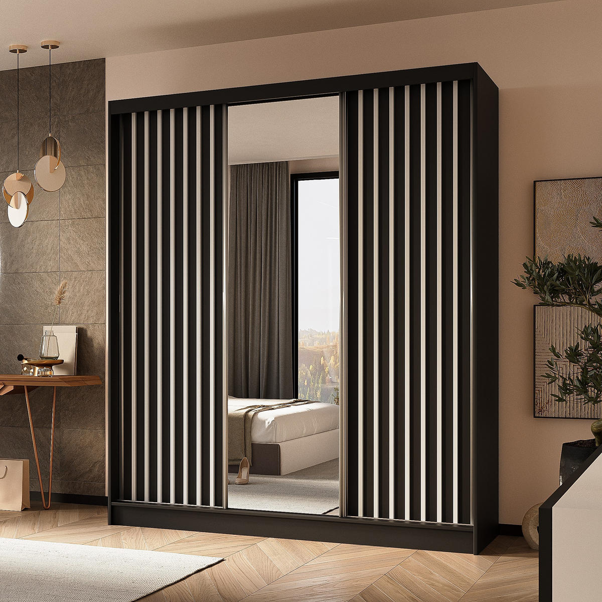 SCHWEBETÜRENSCHRANK LAMELLO 180/216/61 cm 3-türig mit Spiegel Schwarz - Schwarz, Holzwerkstoff (180/216/61cm) - MASSENO