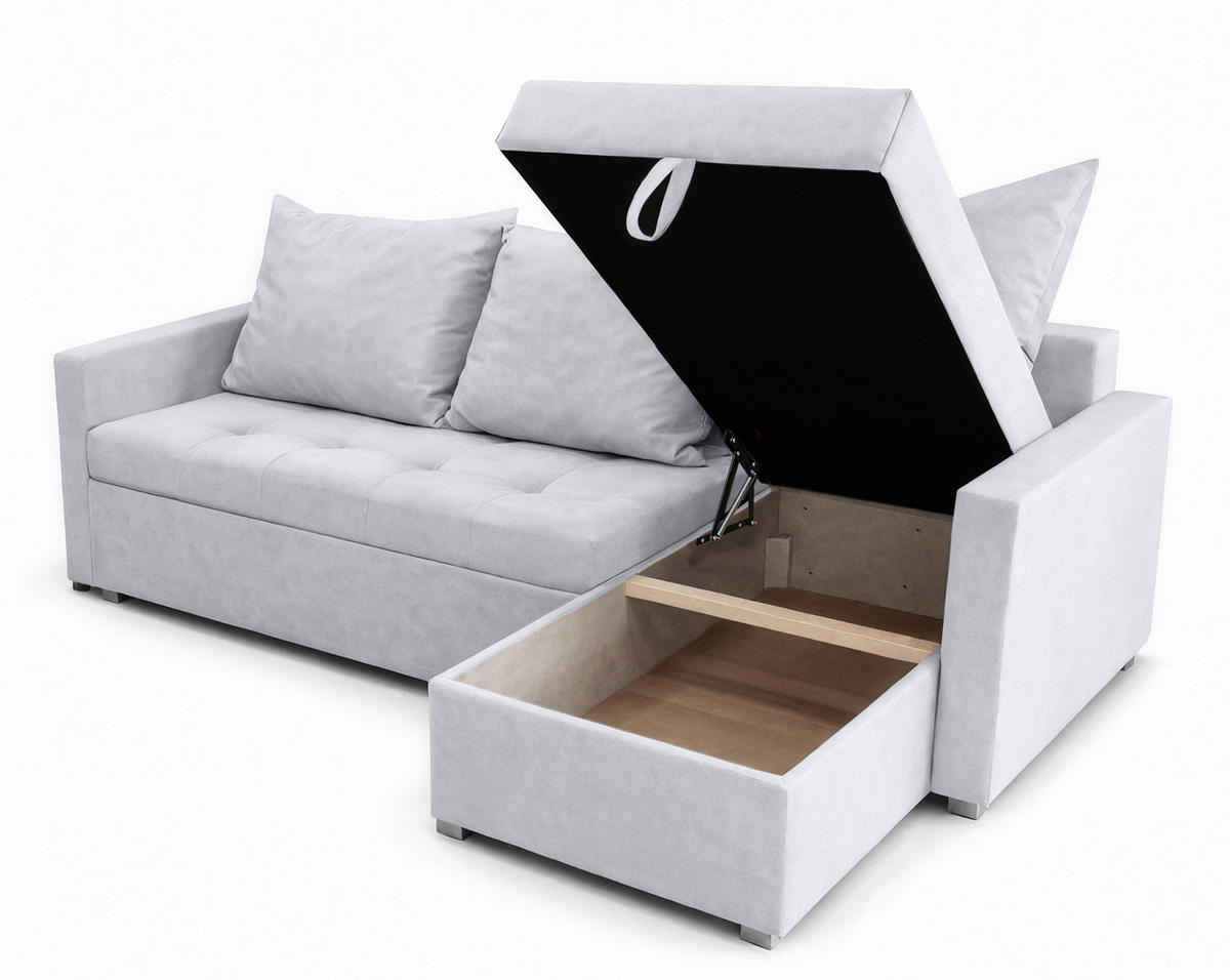 ECKSOFA Universelle L Form Elif Hellgrau 220/140/85 cm stilvolle mit Schlaffunktion - Silberfarben/Hellgrau, Kunststoff/Textil (220/140cm) - AX Living