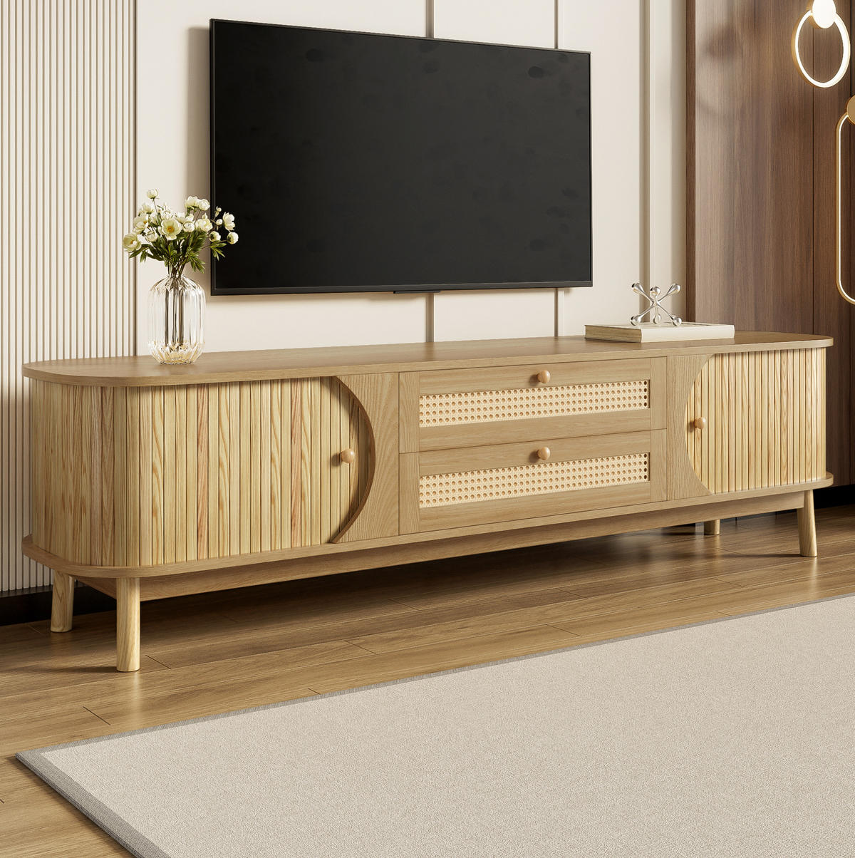 TV-SCHRANK mit Massivholztüren und Rattan-Schubladen in Natur 170/39.5/46 cm - Eichefarben, Holzwerkstoff (170/46/39.5cm) - Redom