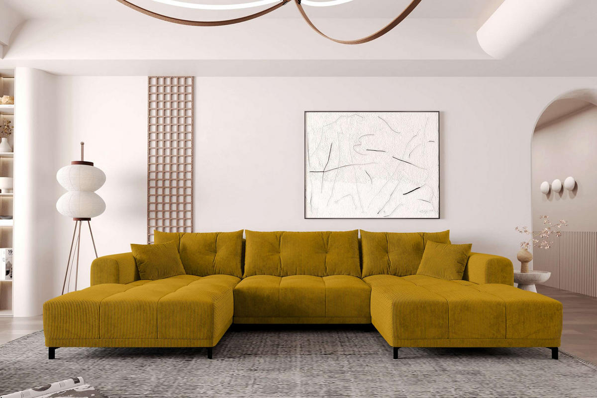 WOHNLANDSCHAFT Massimo Cordstoff Goldfarben inkl. Schlaffunktion - Goldfarben/Schwarz, Textil/Metall (356/94/181cm) - 99rooms