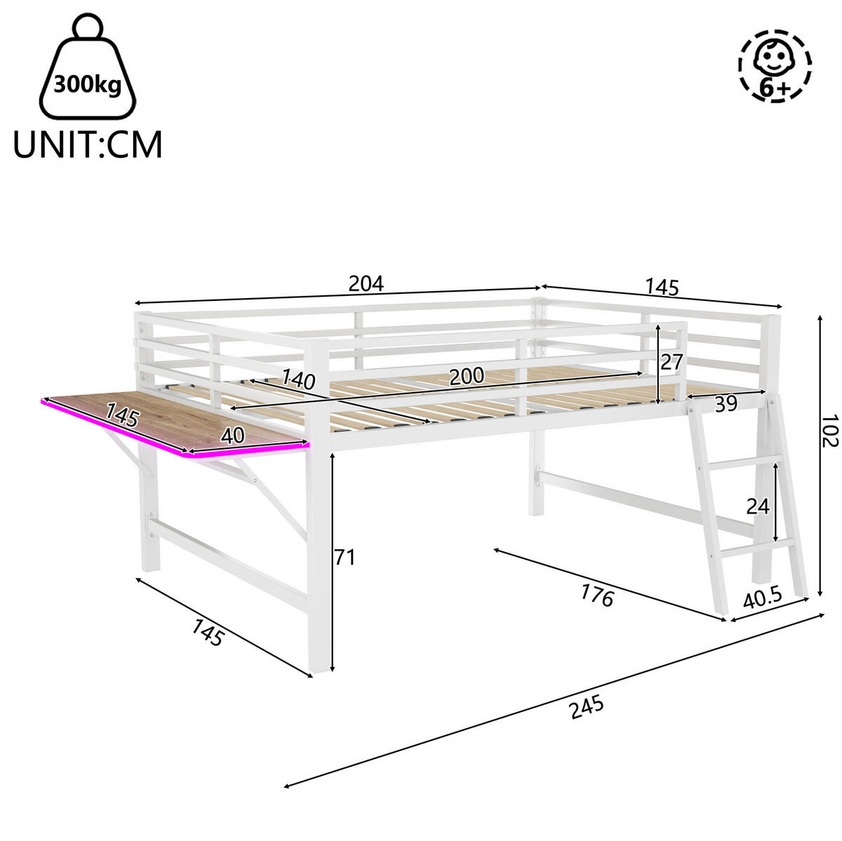 HOCHBETT 140/200 cm aus Metall mit Schreibtisch und LED-Beleuchtung in Weiß - Weiß, Metall (140/200cm) - Flora Grace
