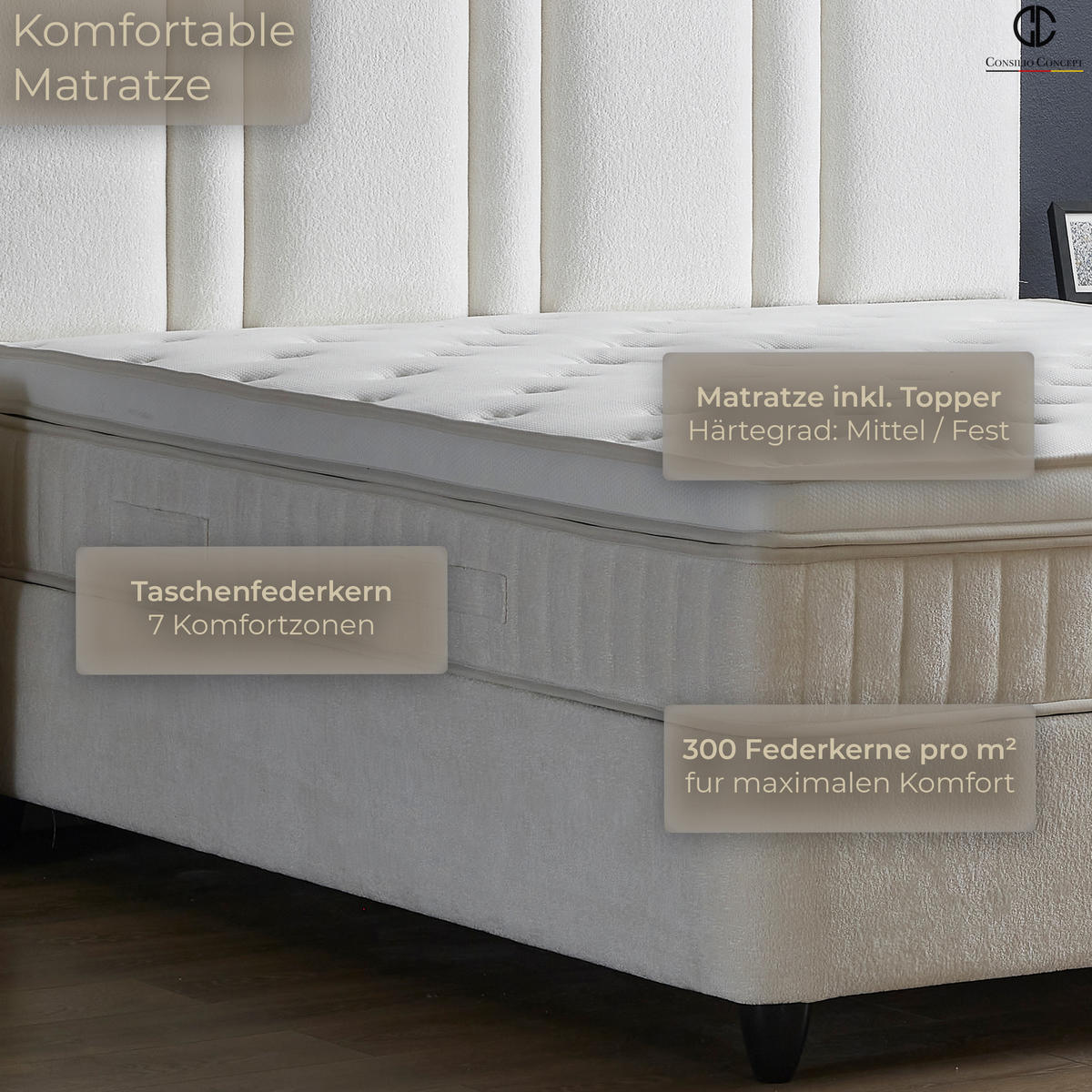 BOXSPRINGBETT MIT BETTKASTEN AURORA 140/200 cm, Beige, Bettkasten, Matratze, Topper integriert, H3 mittel - Beige/Schwarz, Holz/Kunststoff (140/200cm) - Consilio Concept