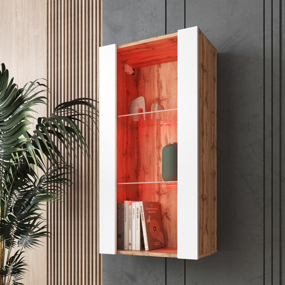 HÄNGEVITRINE TIVOLI Vertical 100, Weiss, LED Mehrfarbige - Eiche Wotan/Weiß, Glas/Holzwerkstoff (50/100/29.5cm) - Komodee