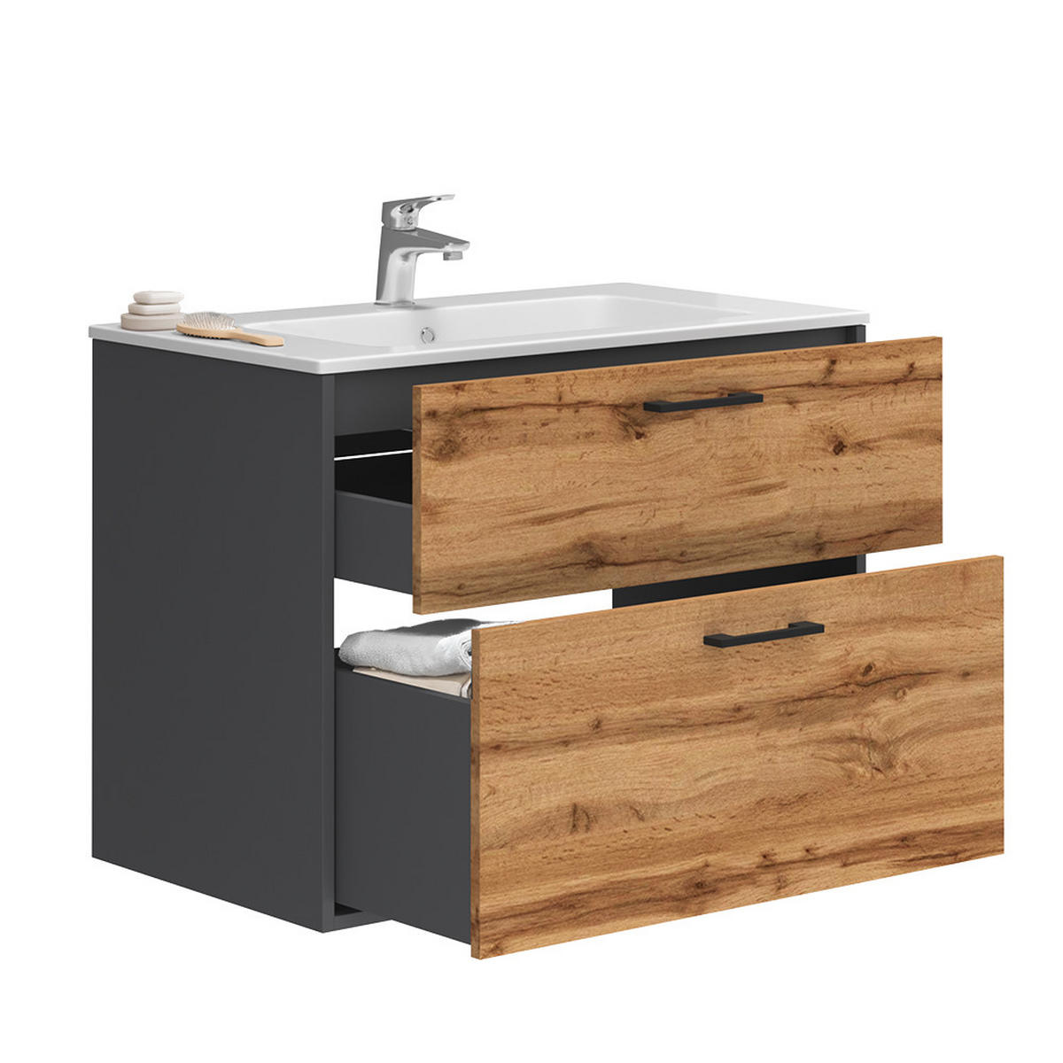 WASCHBECKENUNTERSCHRANK Lanco Anthrazit/Goldkraft Eiche 80 x 61.5 cm mit Waschbecken - Honigeiche/Anthrazit, Holzwerkstoff (80/61.5/45.5cm) - Vicco