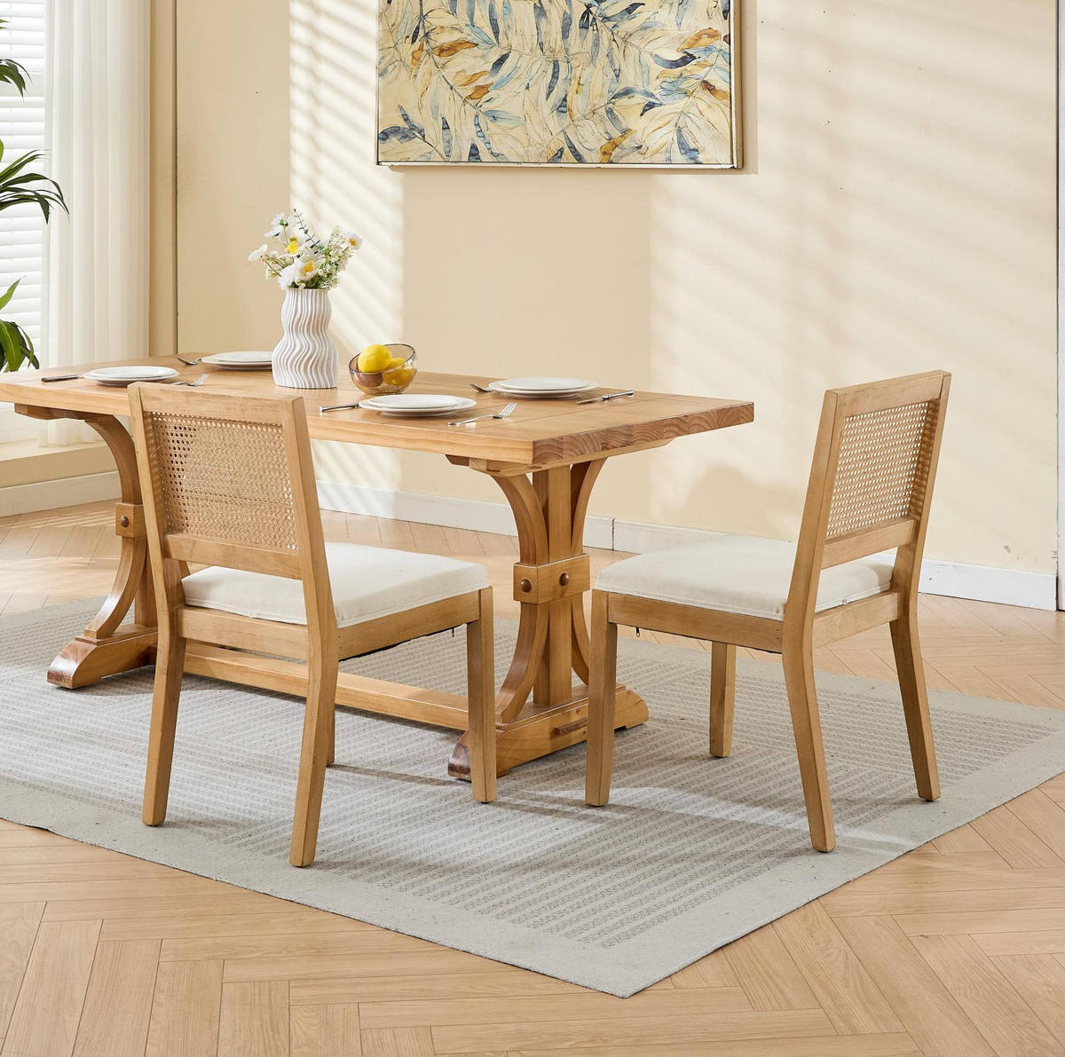ESSZIMMERSTUHL mit Rattangeflecht Leinen Beige 2er-Set - Beige, Holz (48/86.5/56cm) - Meubliv