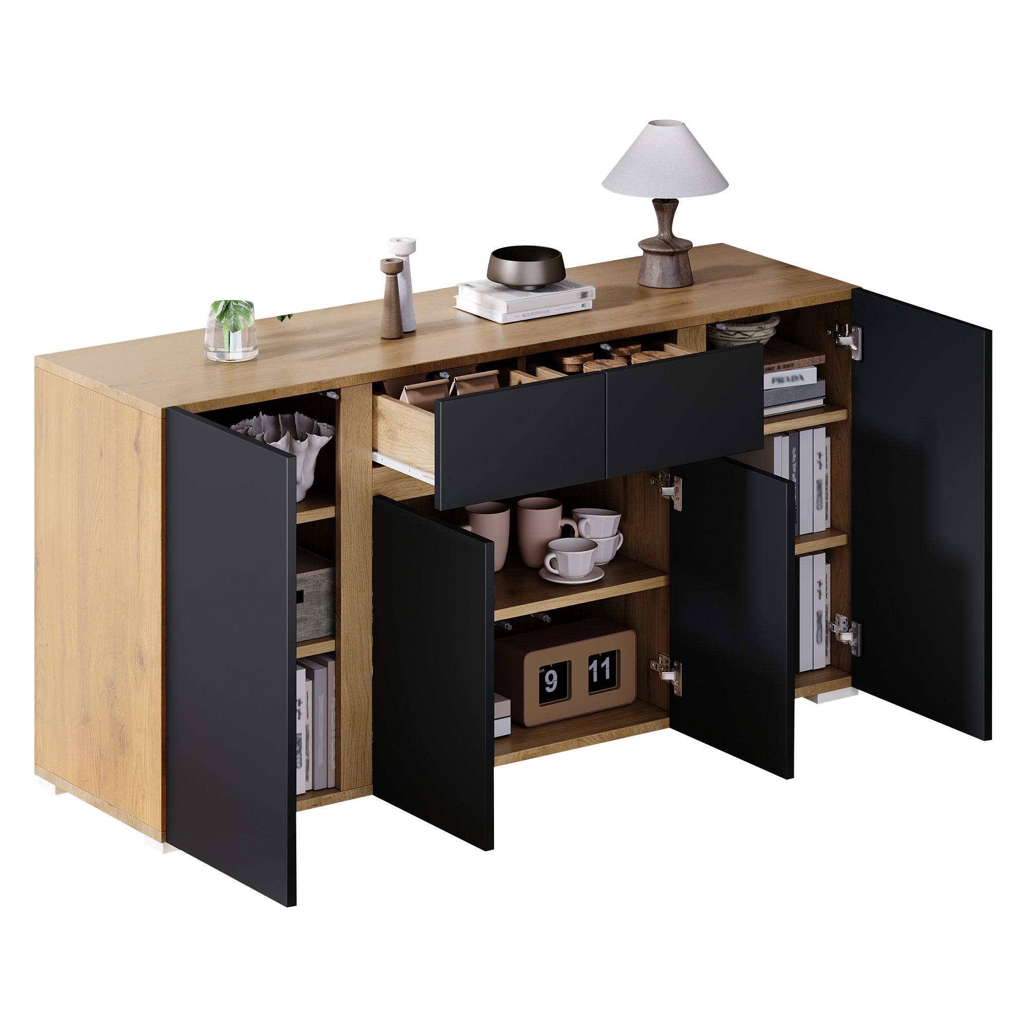 SIDEBOARD 140/35/70 cm mit 4 Türen, 2 Schubladen und verstellbaren Einlegeböden in Schwarz-Holzoptik - Schwarz/Naturfarben, Holzwerkstoff (140/70/35cm) - CHICFURN