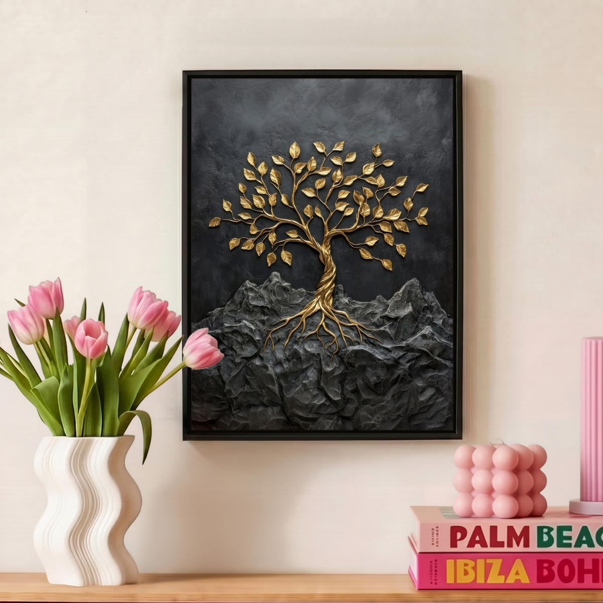 LEINWAND Bilder mit Rahmen - Blätter - Gold - Baum - Fels - 30x40 - Schwarz, Textil (30/40cm) - MuchoWow