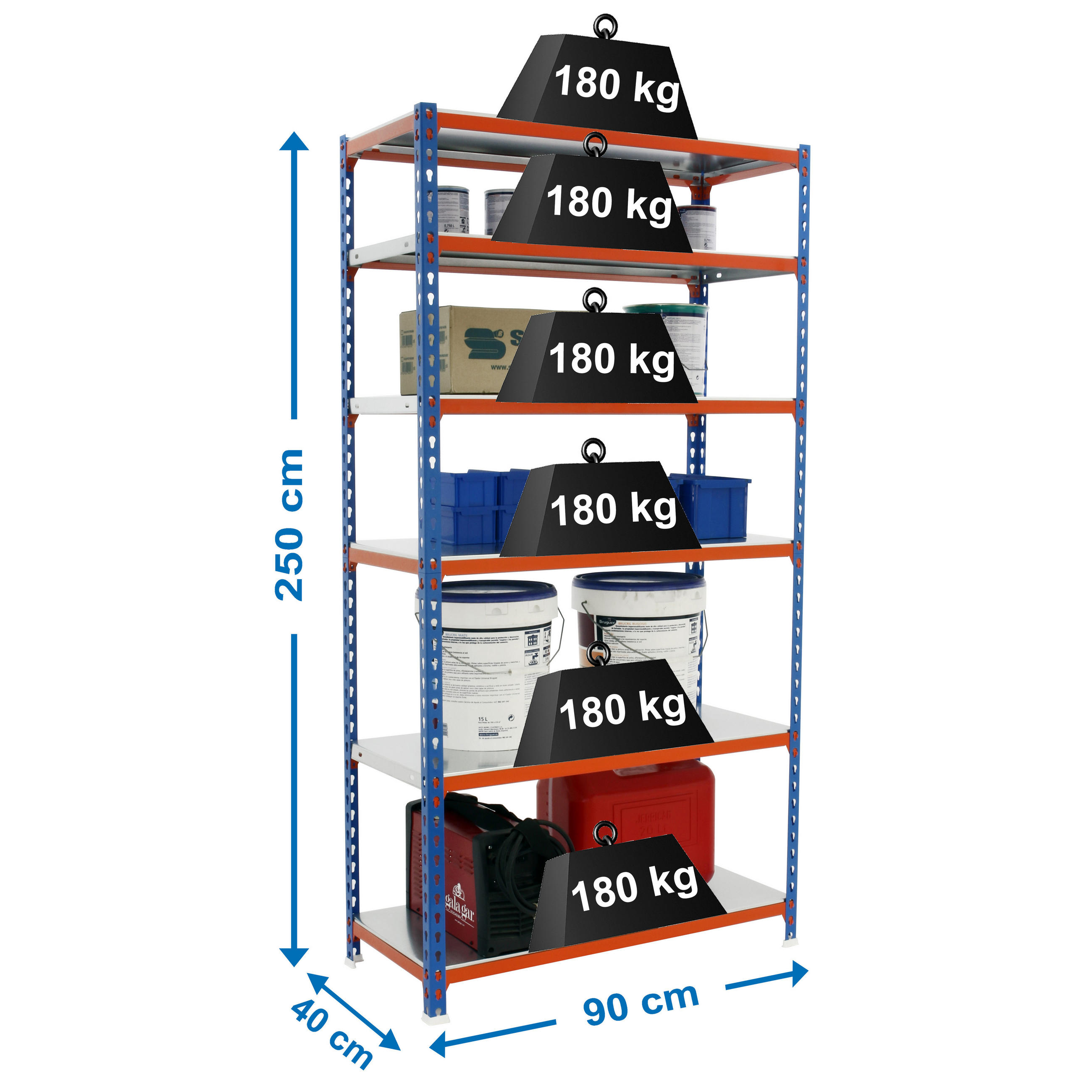 SCHWERLASTREGAL Giant Metal Shark HxBxT 250 x 90 x 40 cm Fachlast 180 kg Blau-Orange - Gelb, Metall (90/250/40cm) - PROREGAL