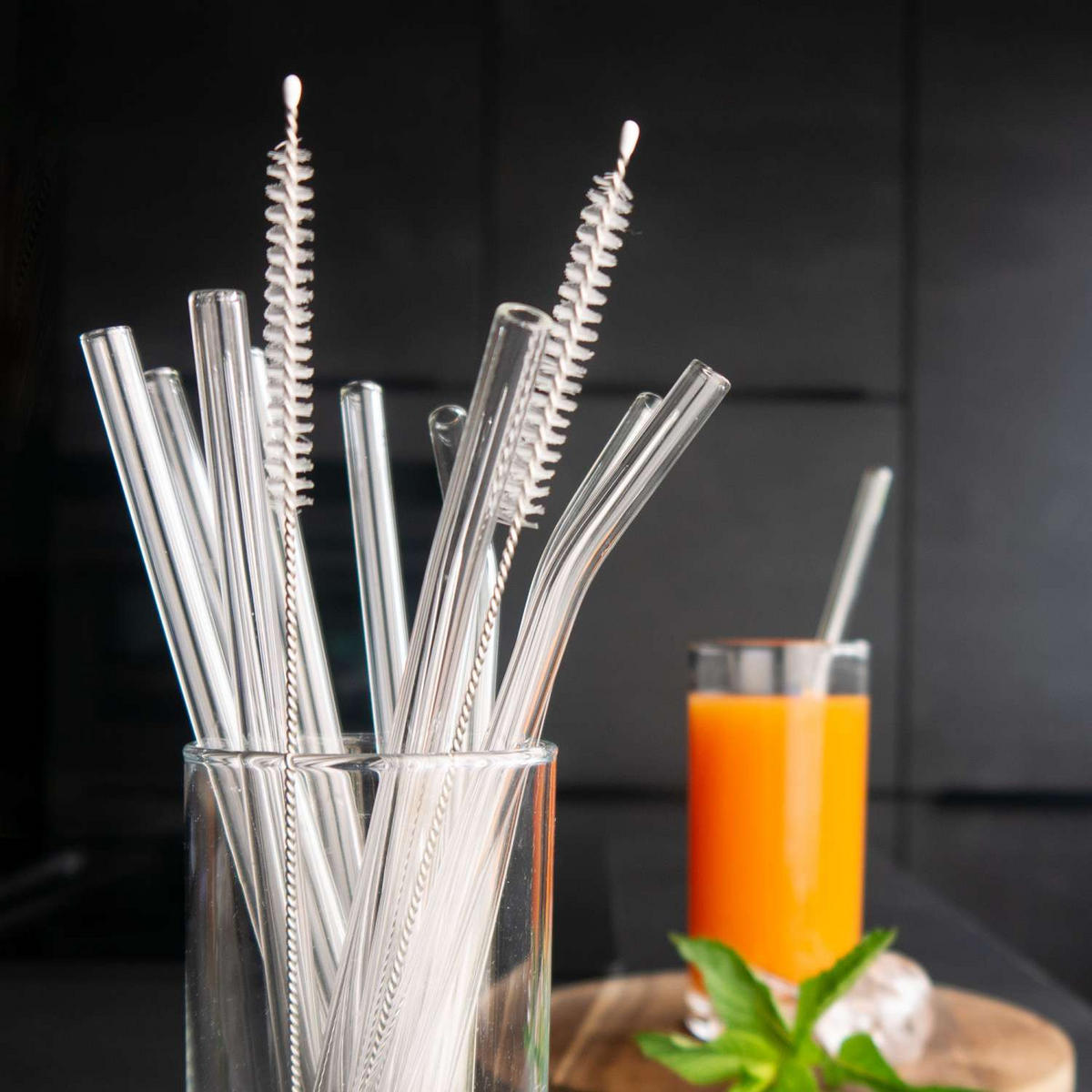 STROHHALM-SET mit 2 Bürsten und Aufbewahrungstasche (15-tlg) - Transparent, Glas (0.8/1cm) - Intirilife