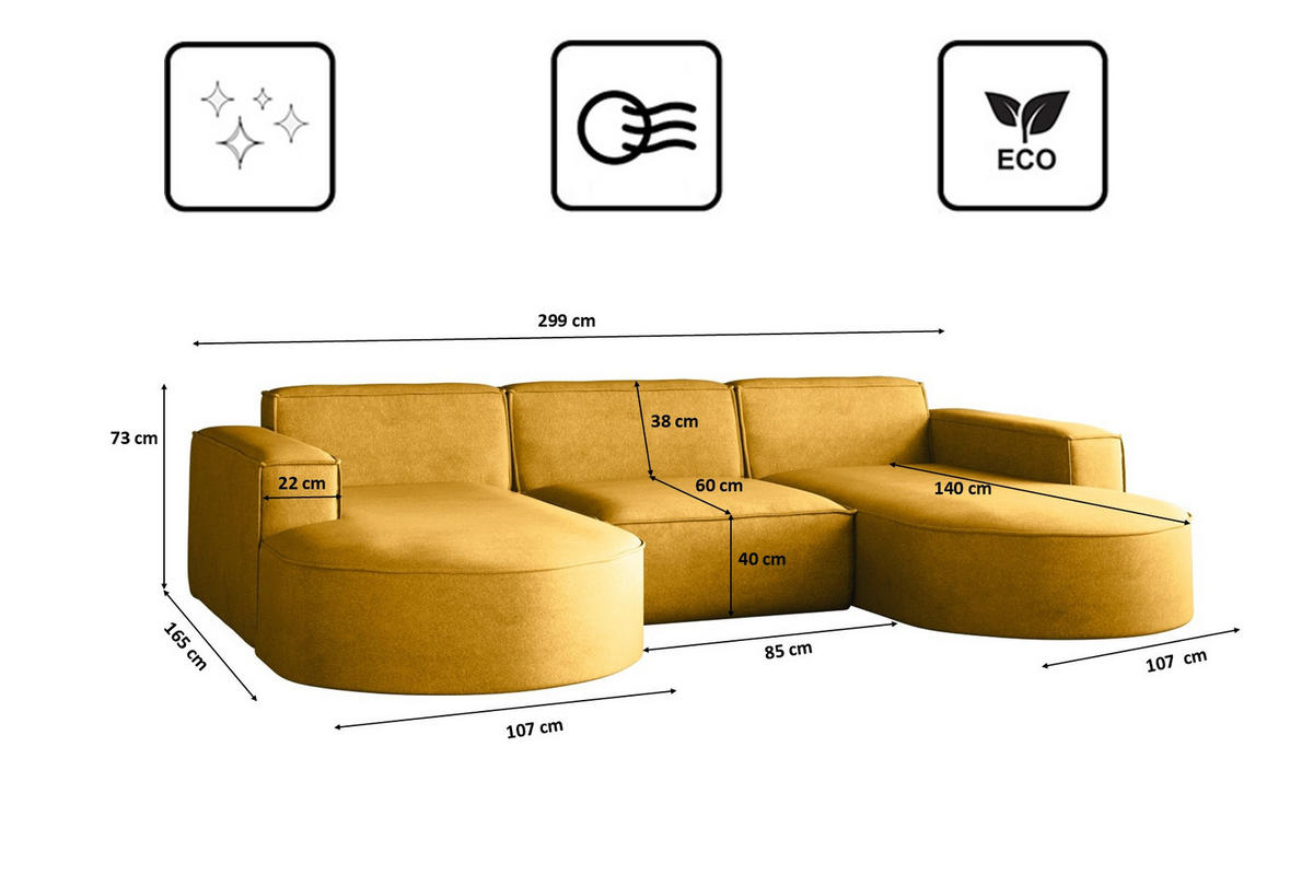 ECKSOFA Modena U-Form Elegant und Moderne Stoff Salvador Gelb - Gelb, Holz/Textil (299/165cm) - Kaiser Möbel