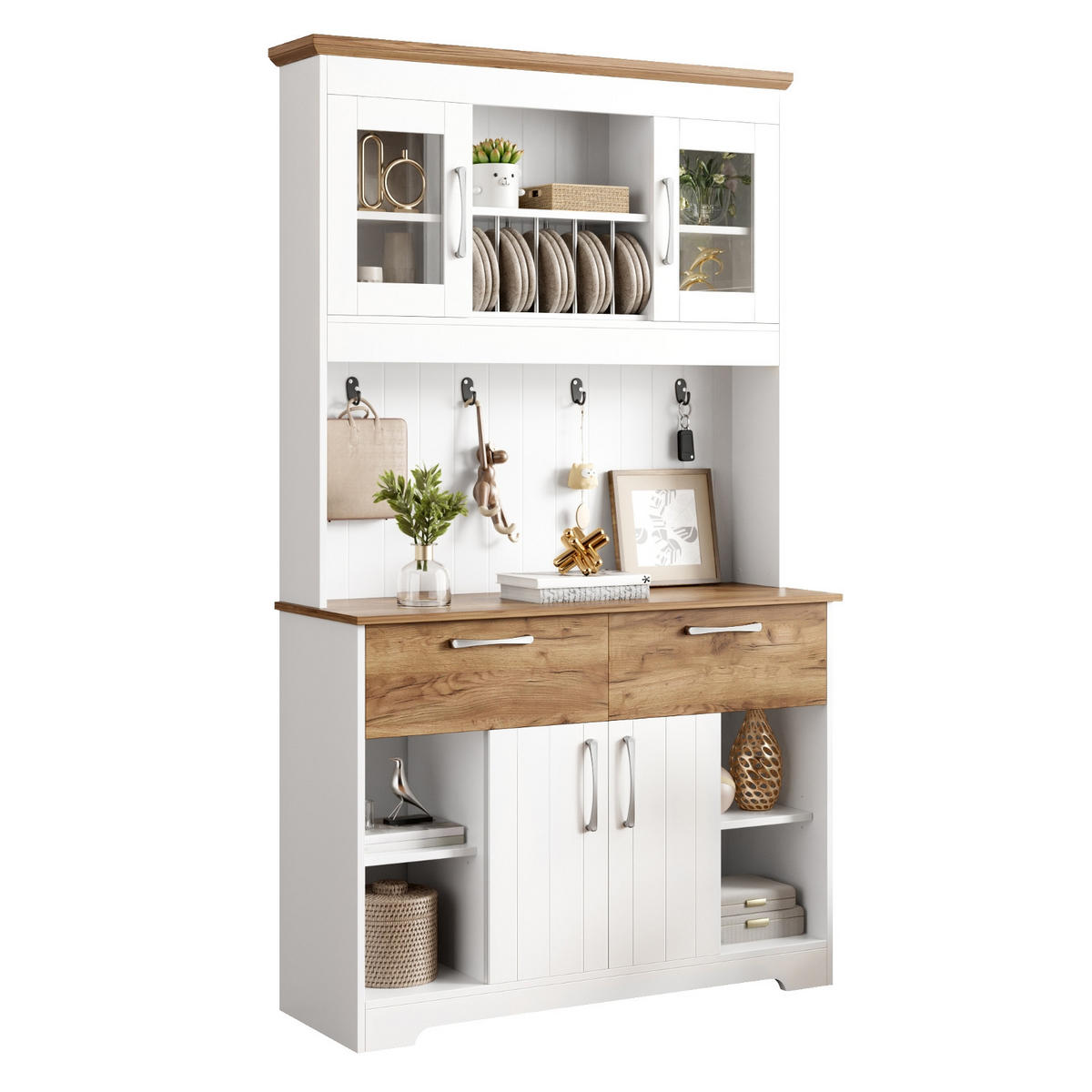 KÜCHENSCHRANKSCHRANK mit Stauraum, 106/176,5/39 cm, Spanplatte, Weiß-Holzfarbe, MIT VITRINENFÄCHERN, MIT HAKENLEISTE, für Küche und Esszimmer - Weiß, Holzwerkstoff (39/176.5/106cm) - Rolipo