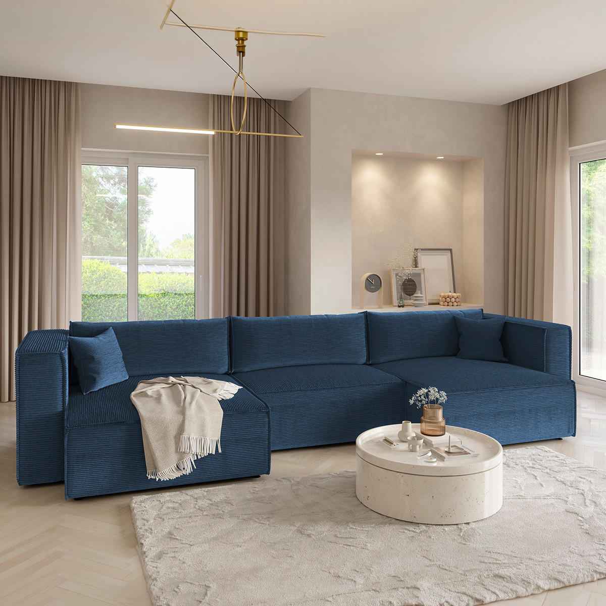 PANORAMASOFA Jimmy 5 Sitzplätze Blau - Blau, Holz (348/77/148cm) - Petits-meubles