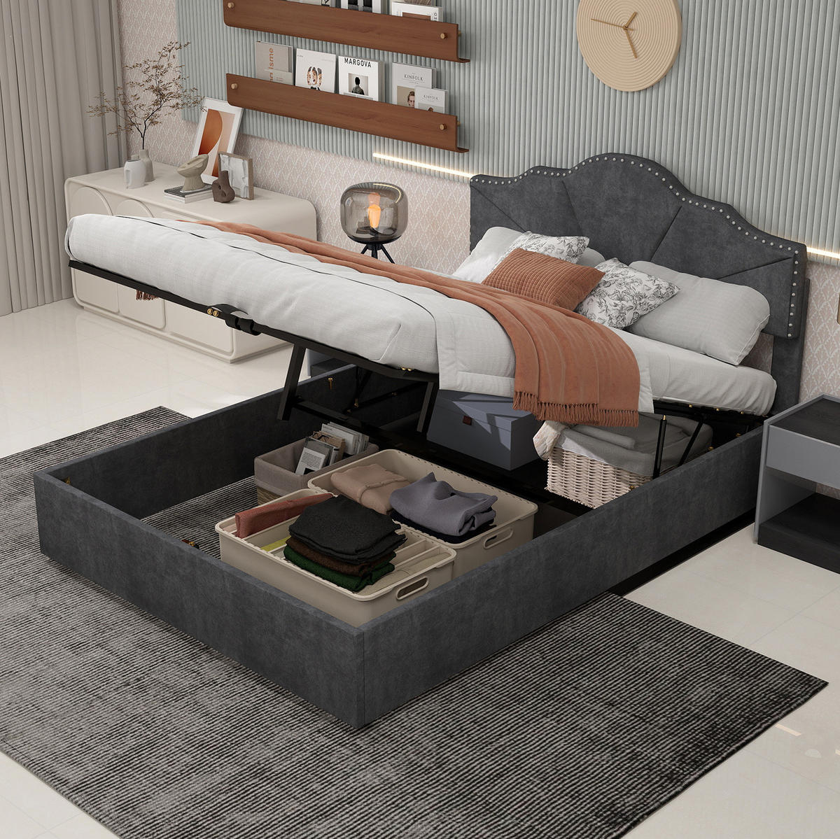 POLSTERBETT 160/200 cm grau aus Stoff und Metall mit Bettkasten - Grau, Textil (160/200cm) - OKWISH