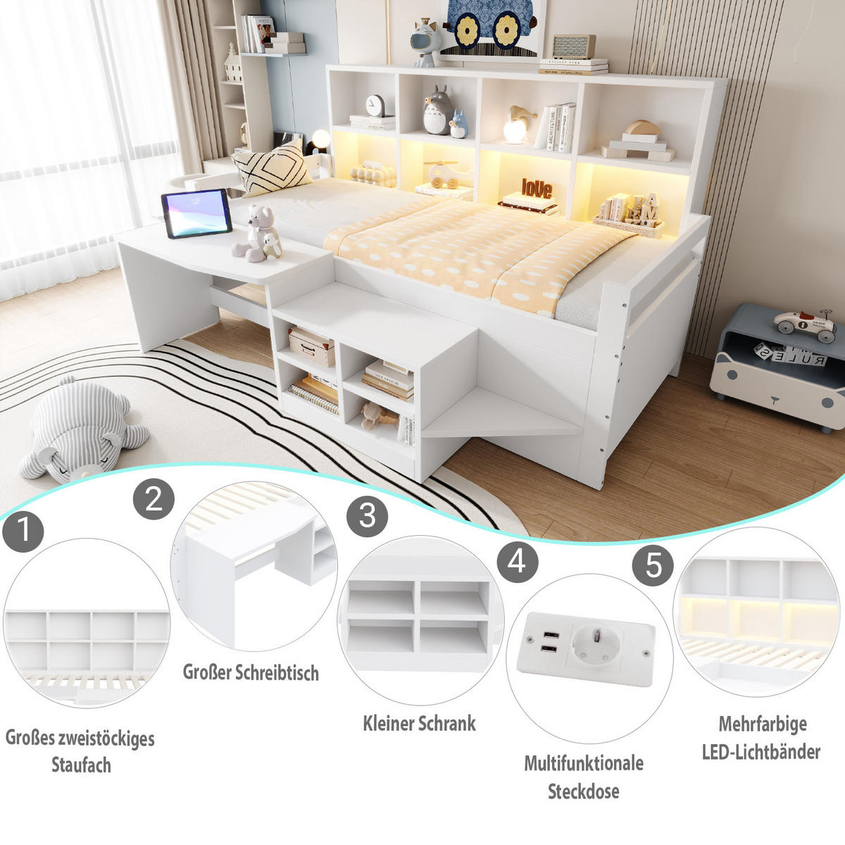 HOCHBETT 90/200 cm in Weiß mit Schreibtisch, Staufächern, LED und USB aus Holz und Holzwerkstoff - Weiß, Holzwerkstoff - STILVORA