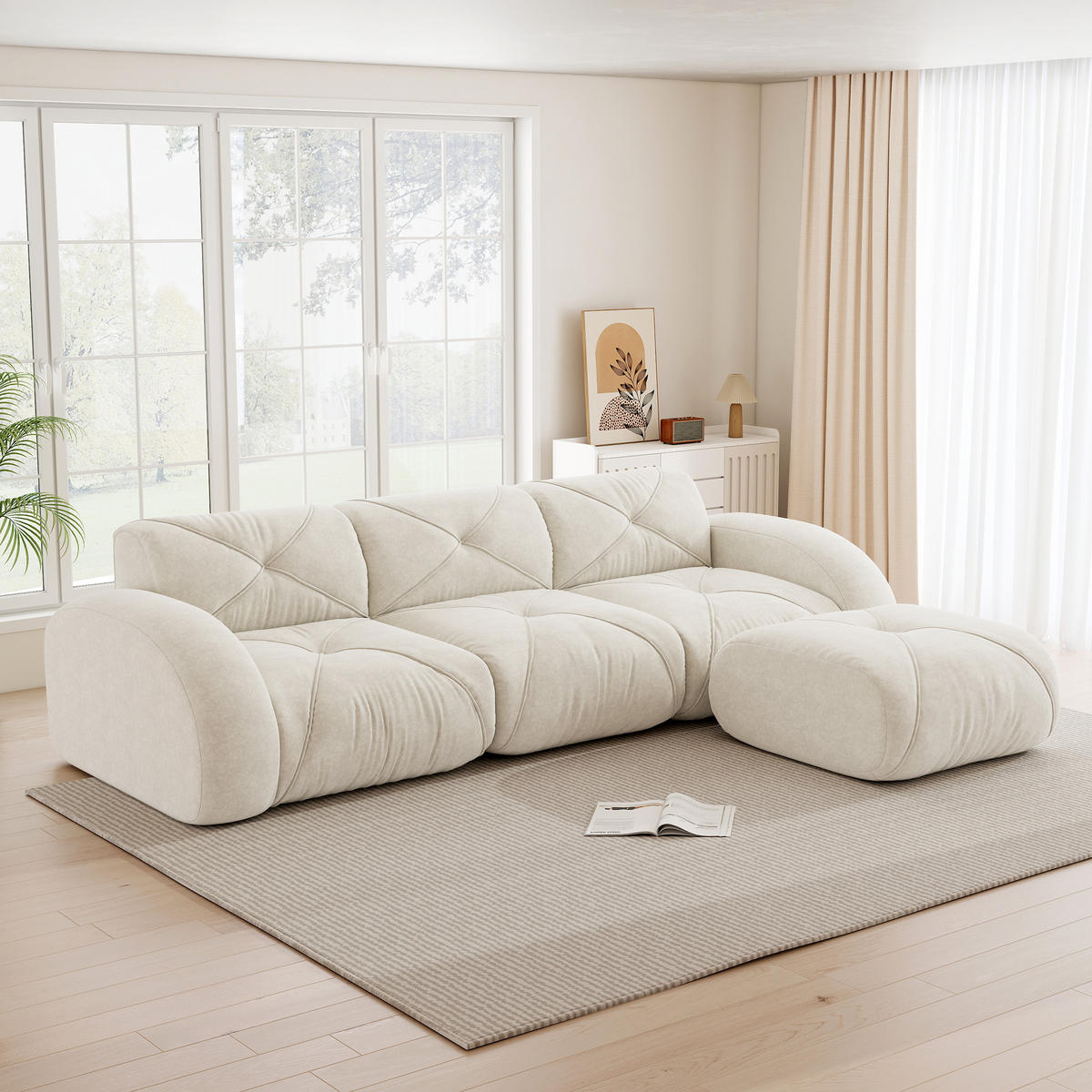 3-SITZER ECKSOFA Chenille Hellbeige mit Hocker - Weiß, Textil (281/171cm) - WISHDOR