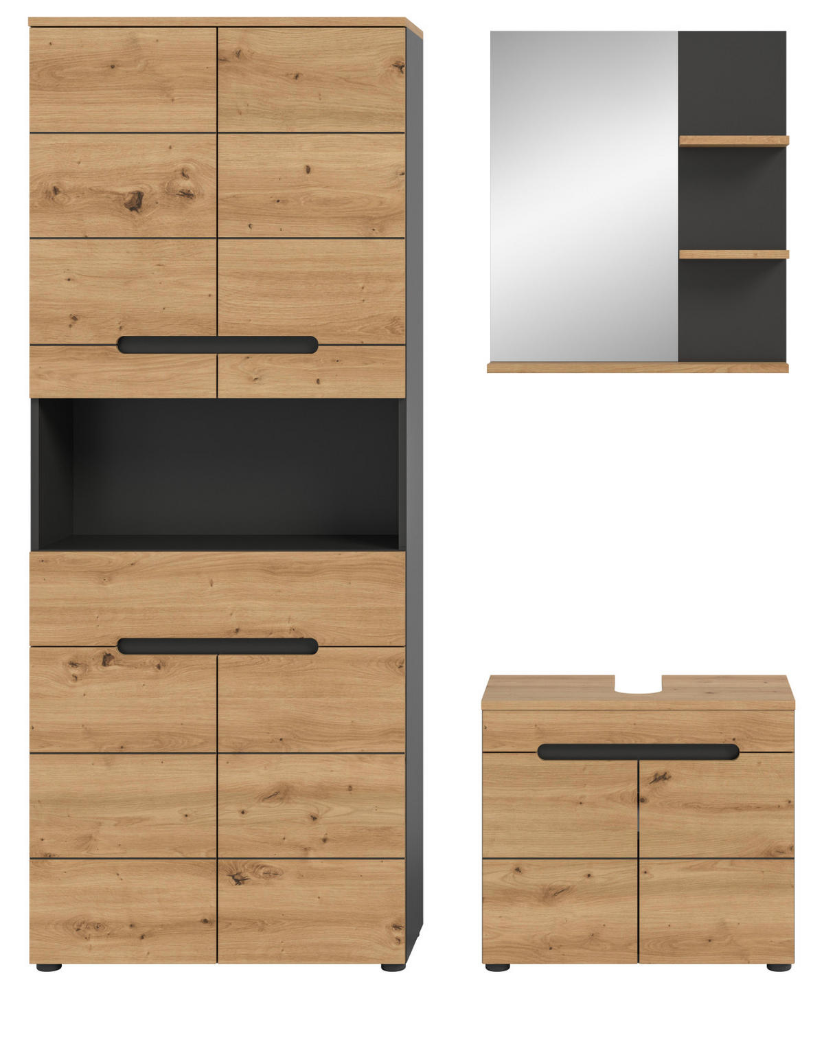 BADMÖBEL-SET Eiche, grau 3-teilig 154 cm, Komplettset mit Soft-Close - Schwarz/Eiche Artisan, Glas/Holzwerkstoff (154/193/34cm) - Inn.Furn