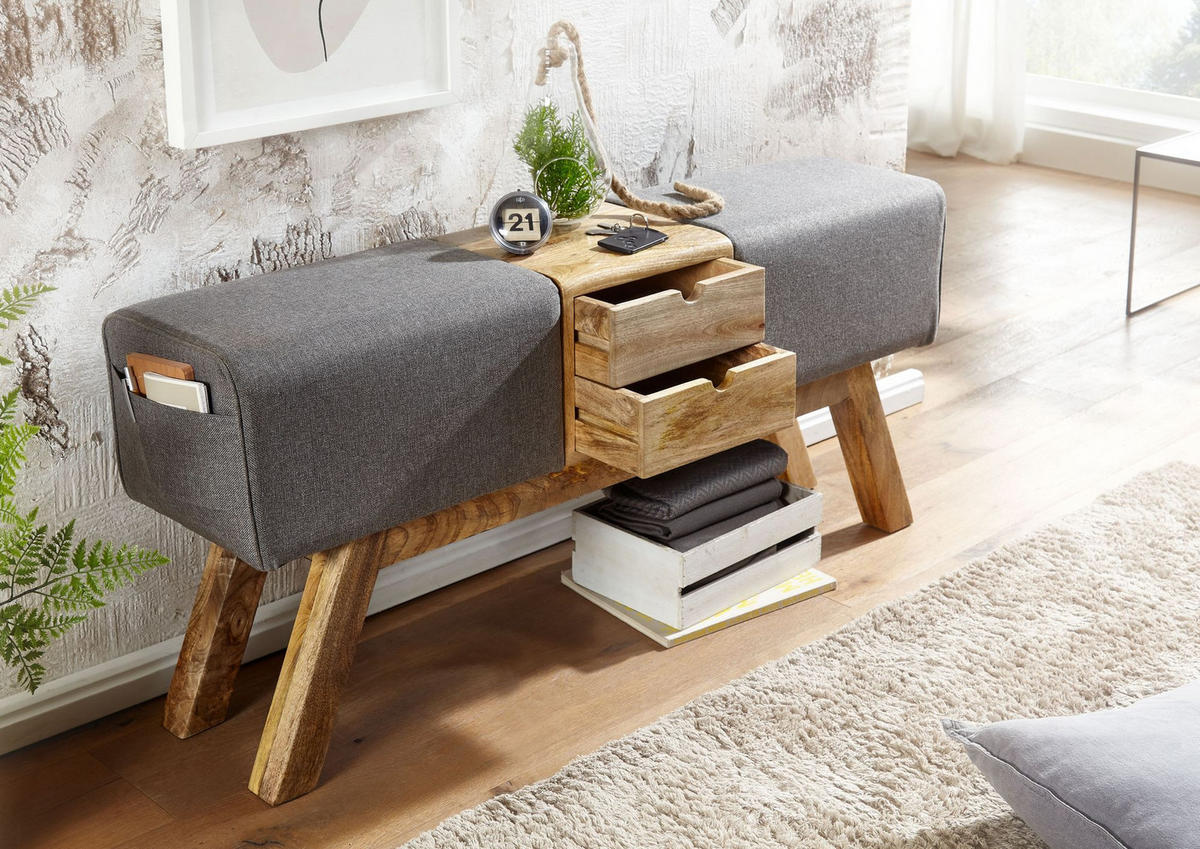 SITZBANK Massivholz Stoffbezug mit 2 Schubladen, Grau 120x30x56 cm - Braun/Grau, Mangoholz/Textil (120/56/30cm) - KADIMA DESIGN