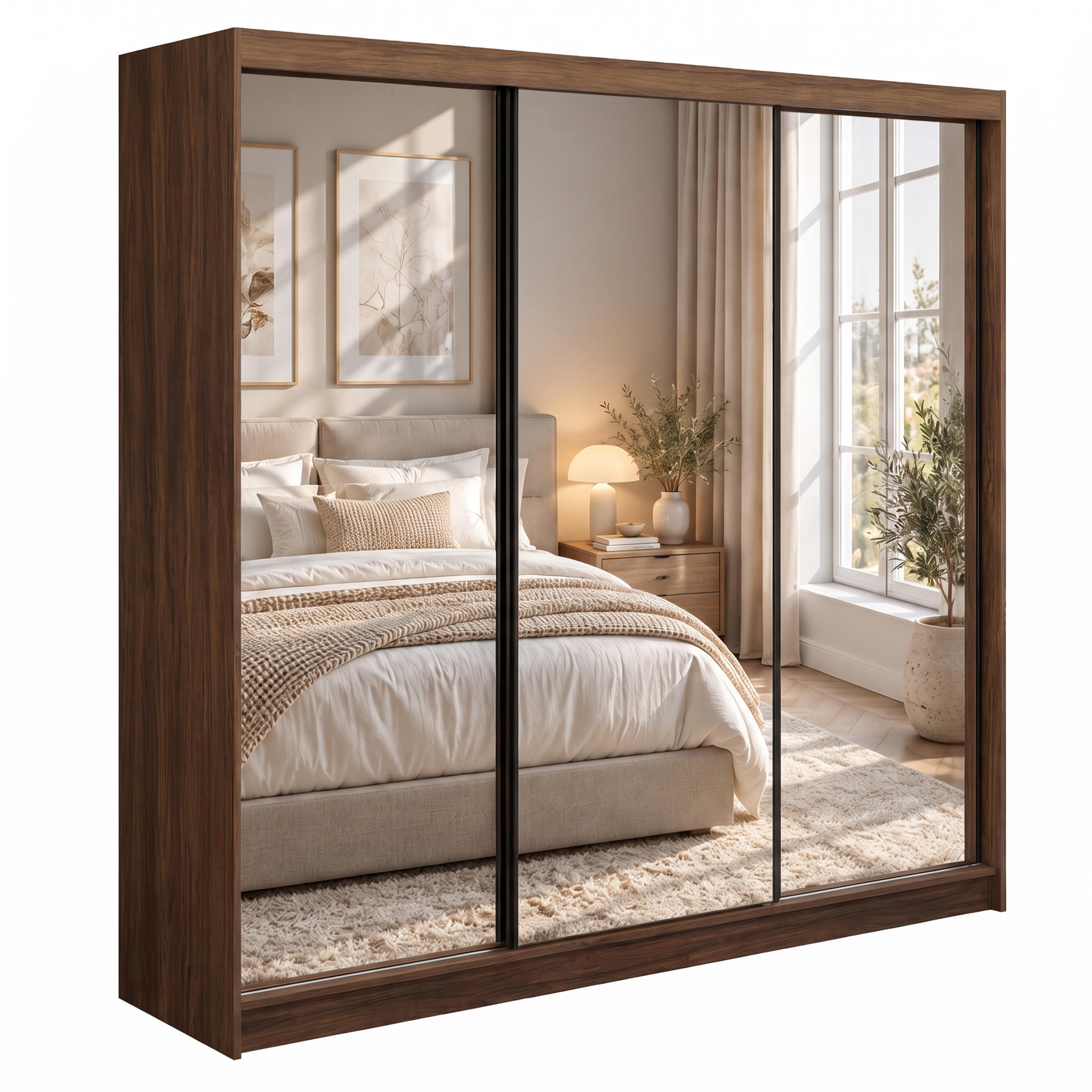SCHWEBETÜRENSCHRANK Debra II mit Schubladen und Spiegel 240/216/61 Walnuss - Walnussfarben, Holzwerkstoff (240/216/61cm) - Beautysofa